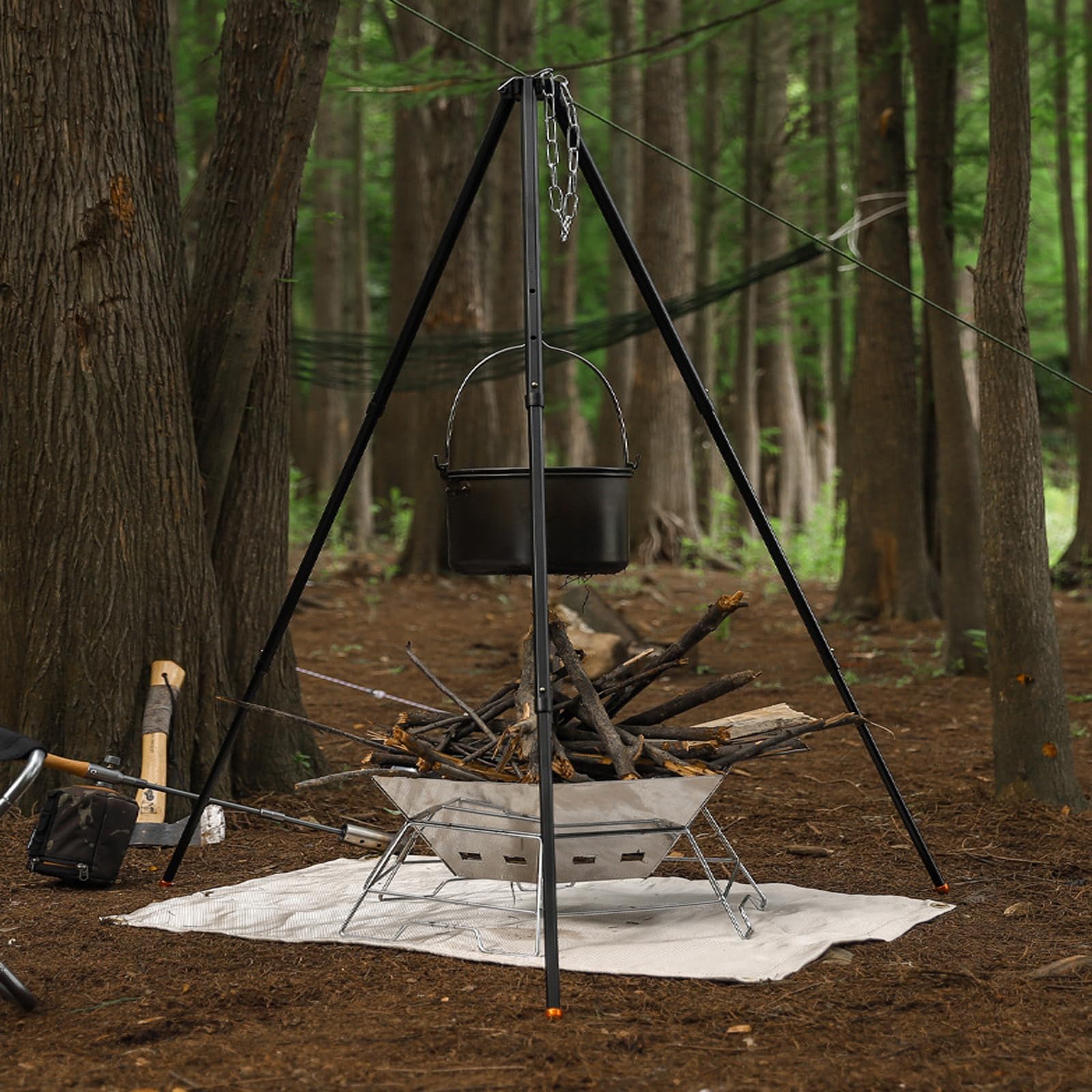 Caroyino 21-Inch Campfire Tripod, 47-Inch Five-Position Telescopic Camping Tripod With Adjustable Suspension Chain, Camping Trip