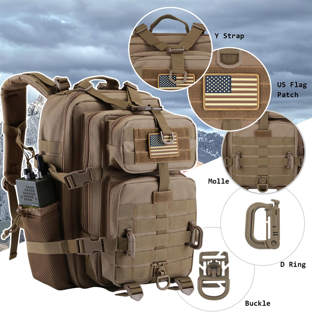 Hannibal Tactical 30L Molle Assault Pack, Tactical Backpack Military Army Camping Rucksack With Bottle Holder, 3-Day Pack, Khaki