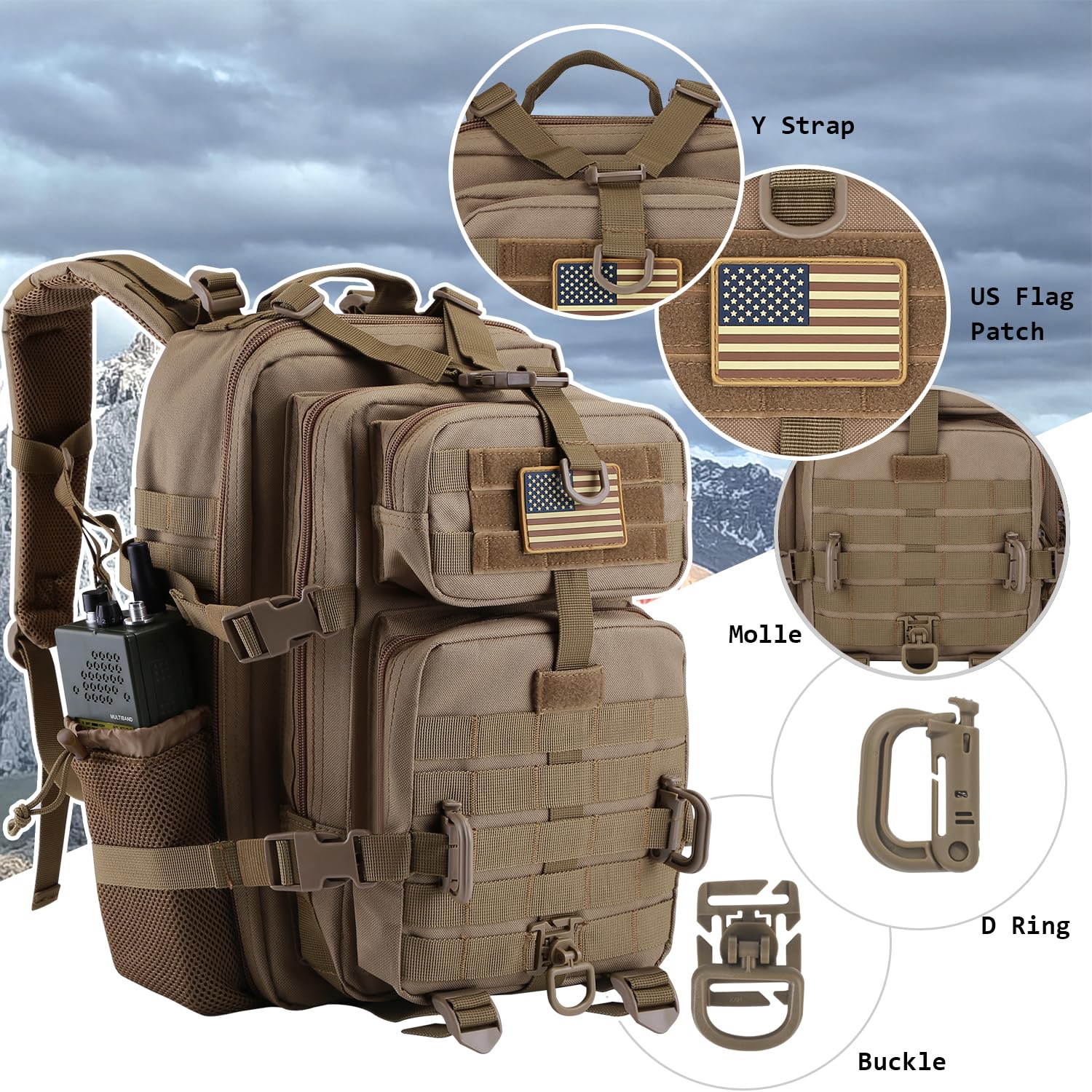 Hannibal Tactical 30L Molle Assault Pack, Tactical Backpack Military Army Camping Rucksack With Bottle Holder, 3-Day Pack, Khaki