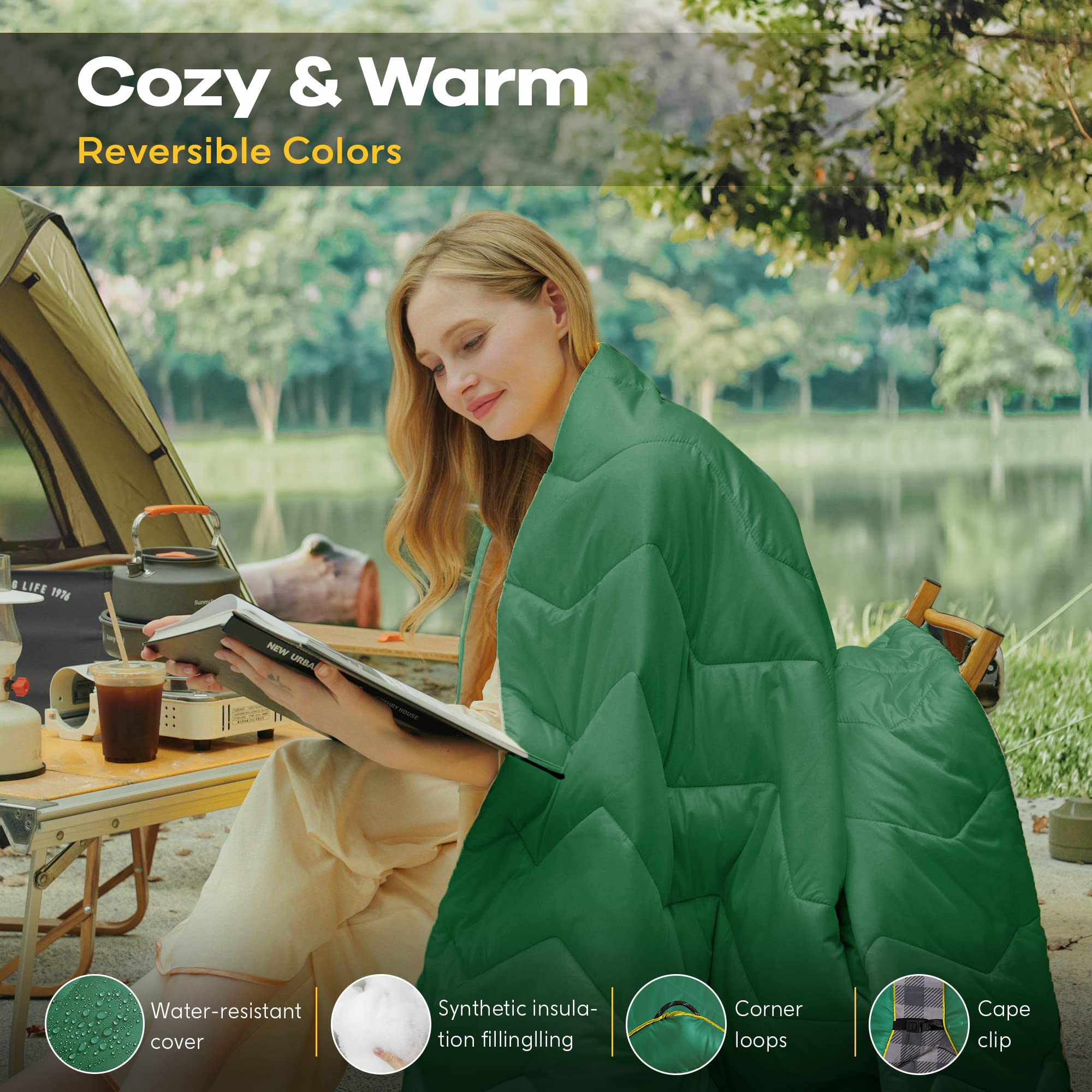Unikome Lightweight & Waterproof Outdoor Camping Travel Blanket, Puffy Down Alternative With Corner Loops, 7552, Green