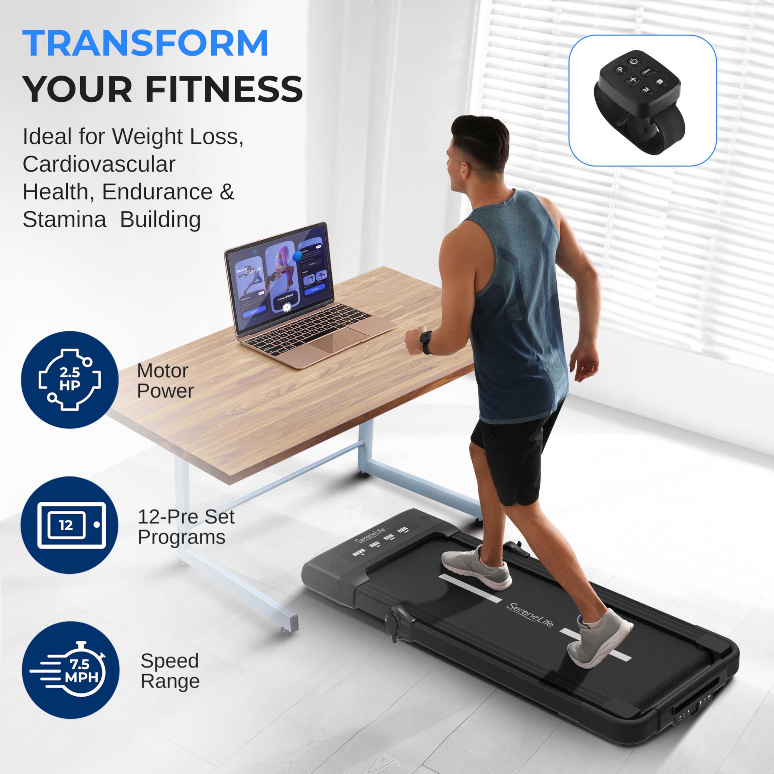 Serenelife Foldable 2 In1 Treadmill & Walking Pad With Remote Control, Speed 7.6 Mph Compact Under Bed, 2.5 Hp, App Support, Eas