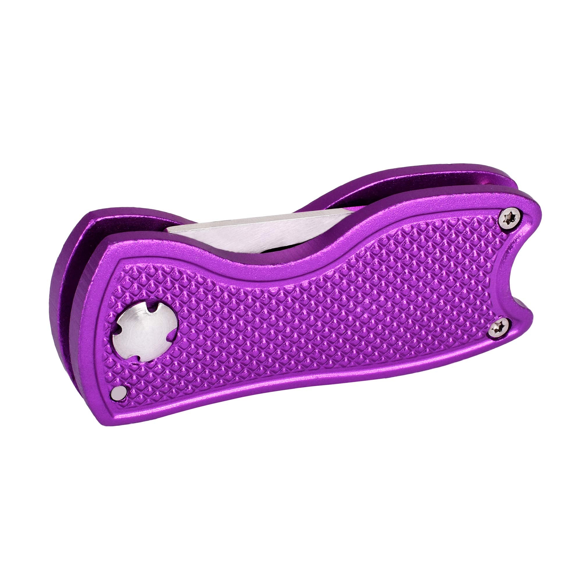 Mile High Life All Metal Foldable Golf Divot Tool With Pop-Up Button & Magnetic Ball Marker (Purple Fish)