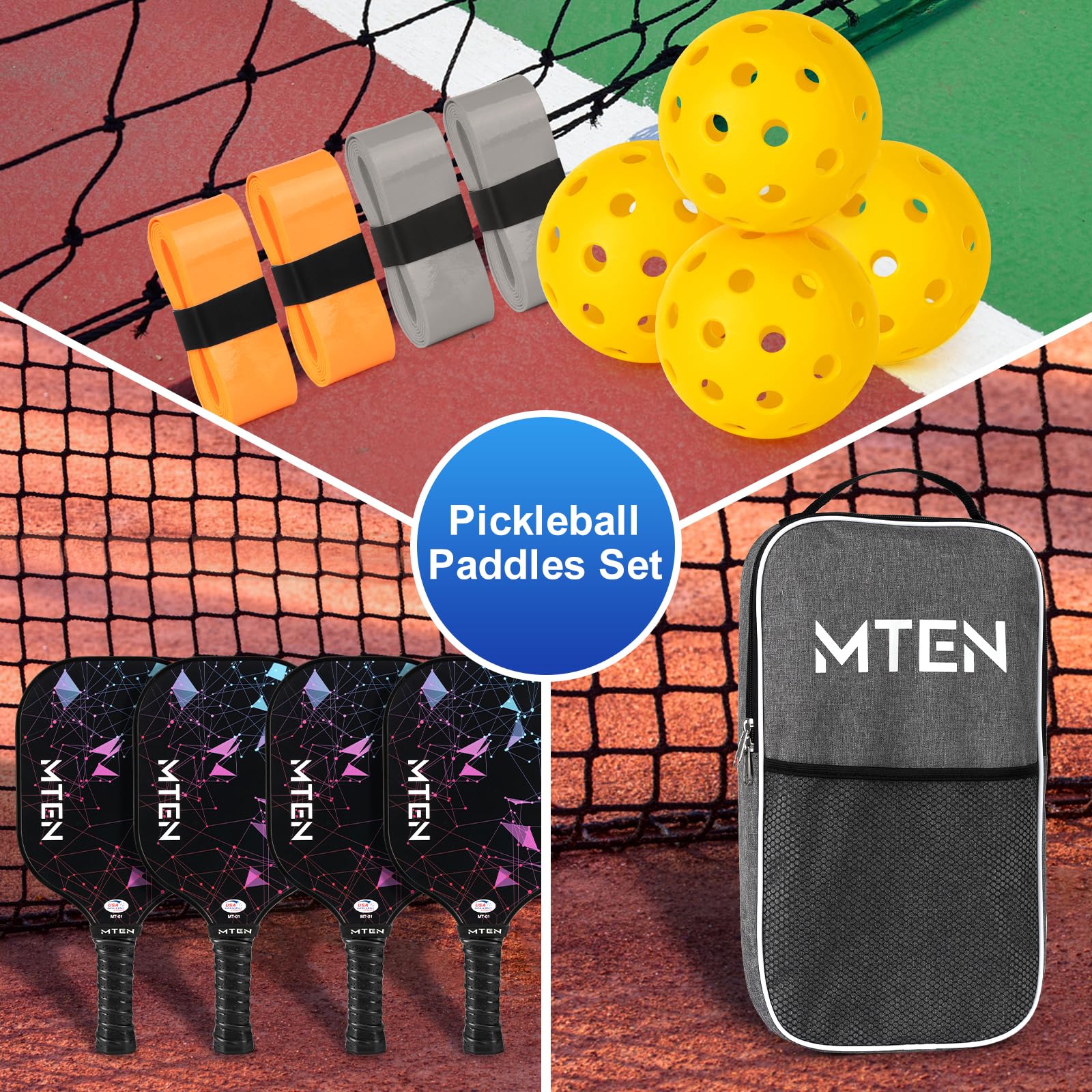 Pickleball Paddles, Usapa Approved Fiberglass Surface Pickleball Set With 4 Pickleball Rackets,4 Pickleball Balls,1 Portable Car