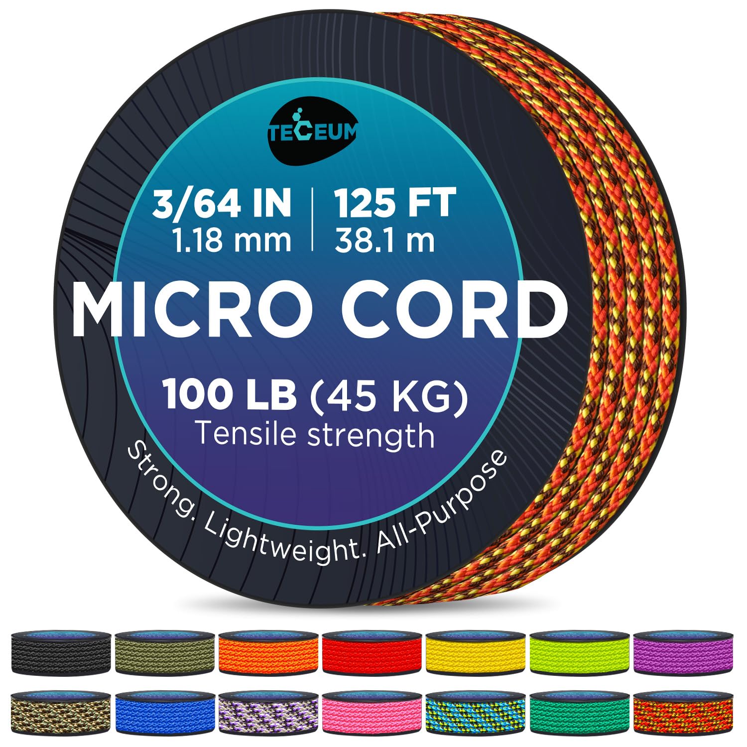Teceum Micro Paracord - Fireball - 1.18 Mm X 125 Ft - Micro Utility Cord - Thin Braided Paracord Rope Nylon Polyester - Wind Chi