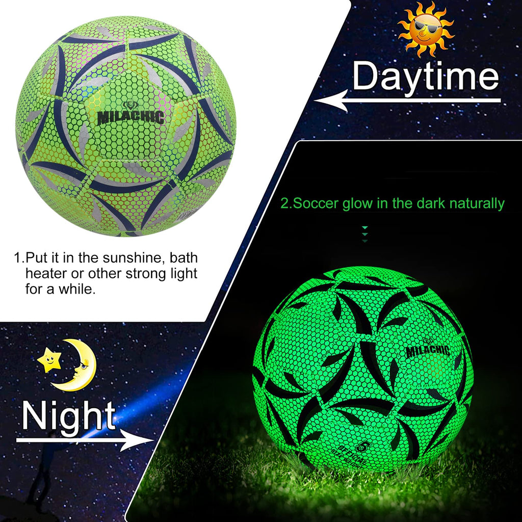 Milachic Soccer Ball, Glow In The Dark Soccer Ball Size 5, Glowing Luminous Green Soccer Balls Gifts For Boys, Girls, Men, Women