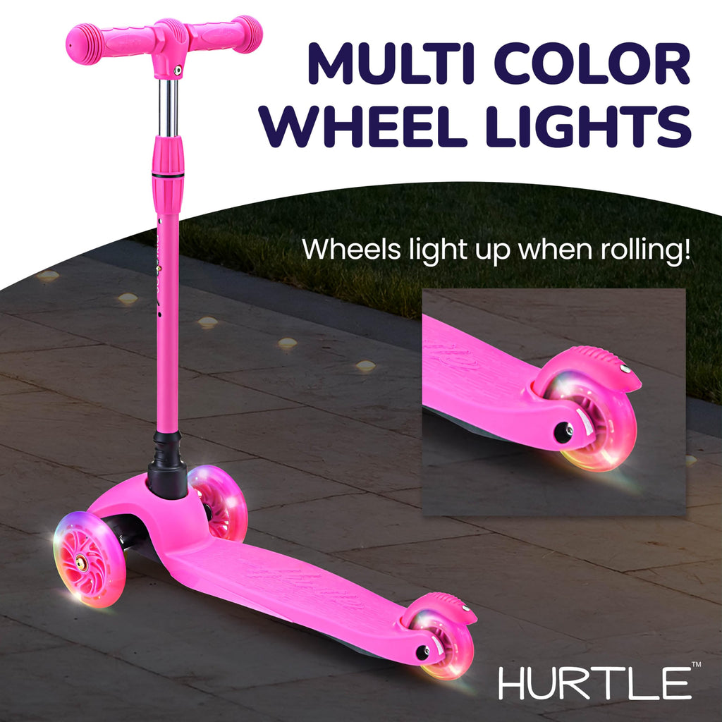 Hurtle Mini Kickboard Scooter for Kids - Height Adjustable 25-28, Lightweight 3-Wheel with LED Light-up Wheels, Anti-Slip,In