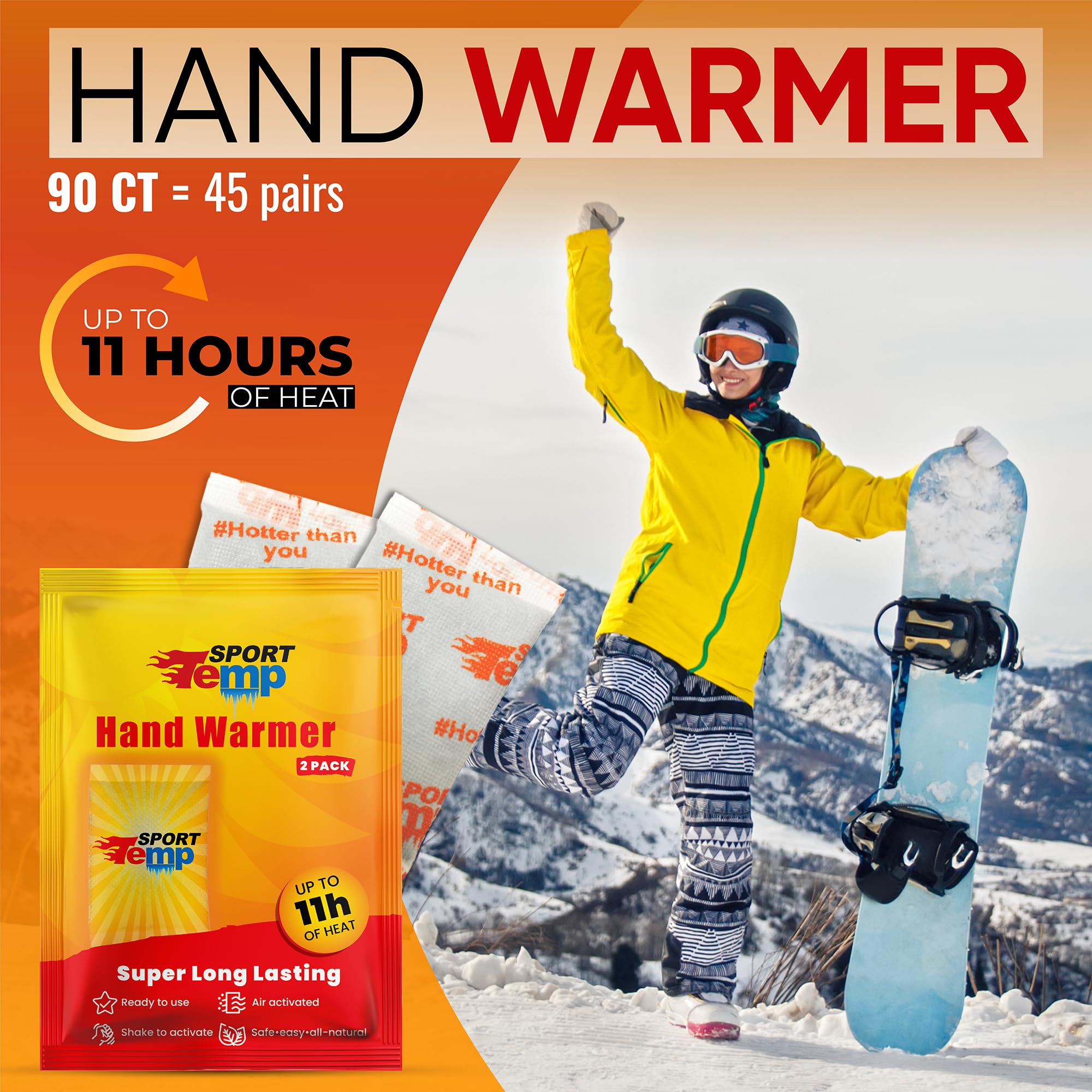 Odorless Hot Hand Warmer (45 Pairs) - Up To 11 Hours Of Heat, Super Long Lasting - Easy, All Natural - Air Activated, For Body&
