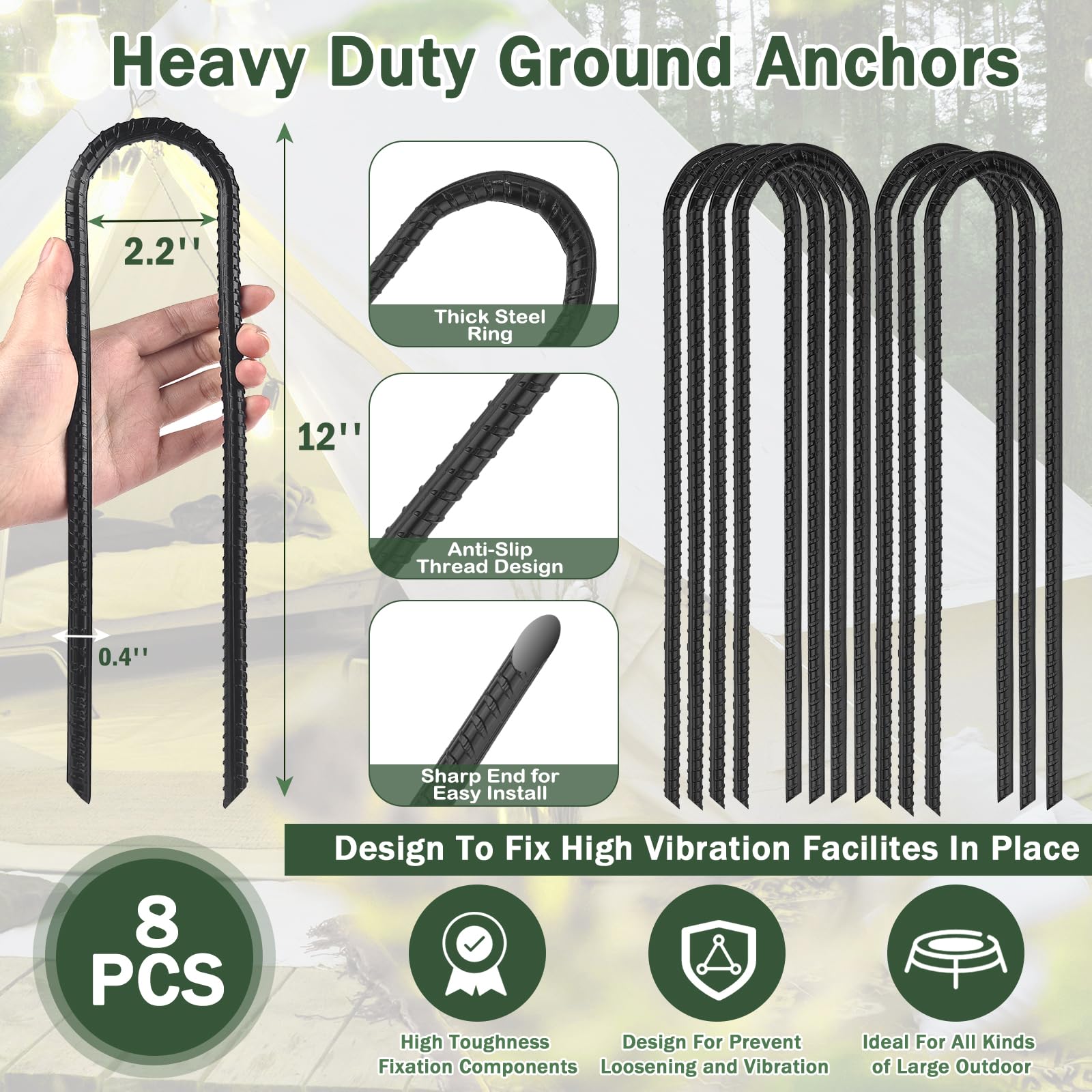 Trampoline Ground Wind Stakes Anchors High Wind Heavy Duty, 8 Pack 12 Inch U-Shaped Rebar Tent Stakes For Camping Tents, Soccer