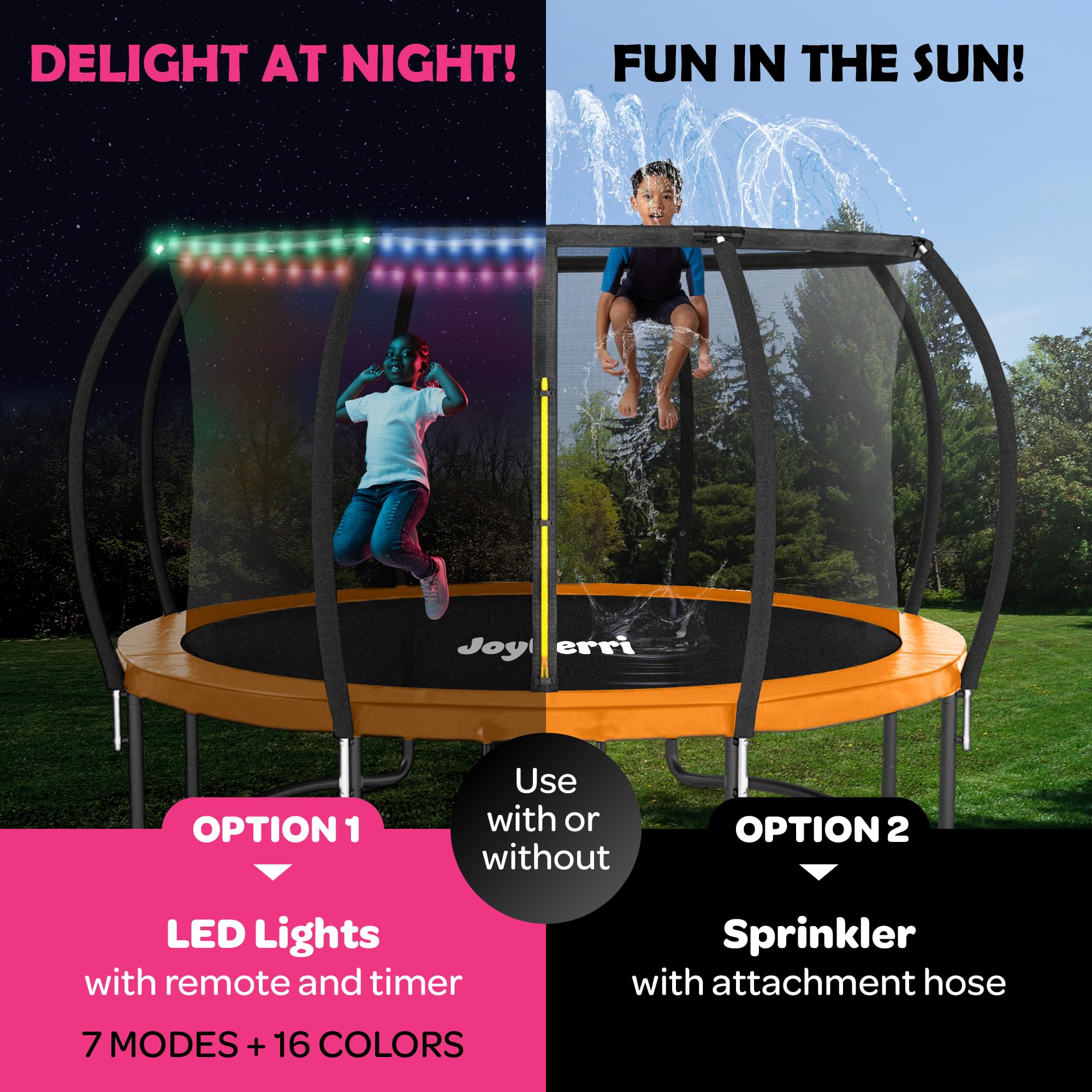 Trampoline for Kids and Adults - 8Ft 10Ft 12Ft 14FT 15Ft, 16Ft Trampoline with Net - ASTM Certified with Bonus Lights and Sprink