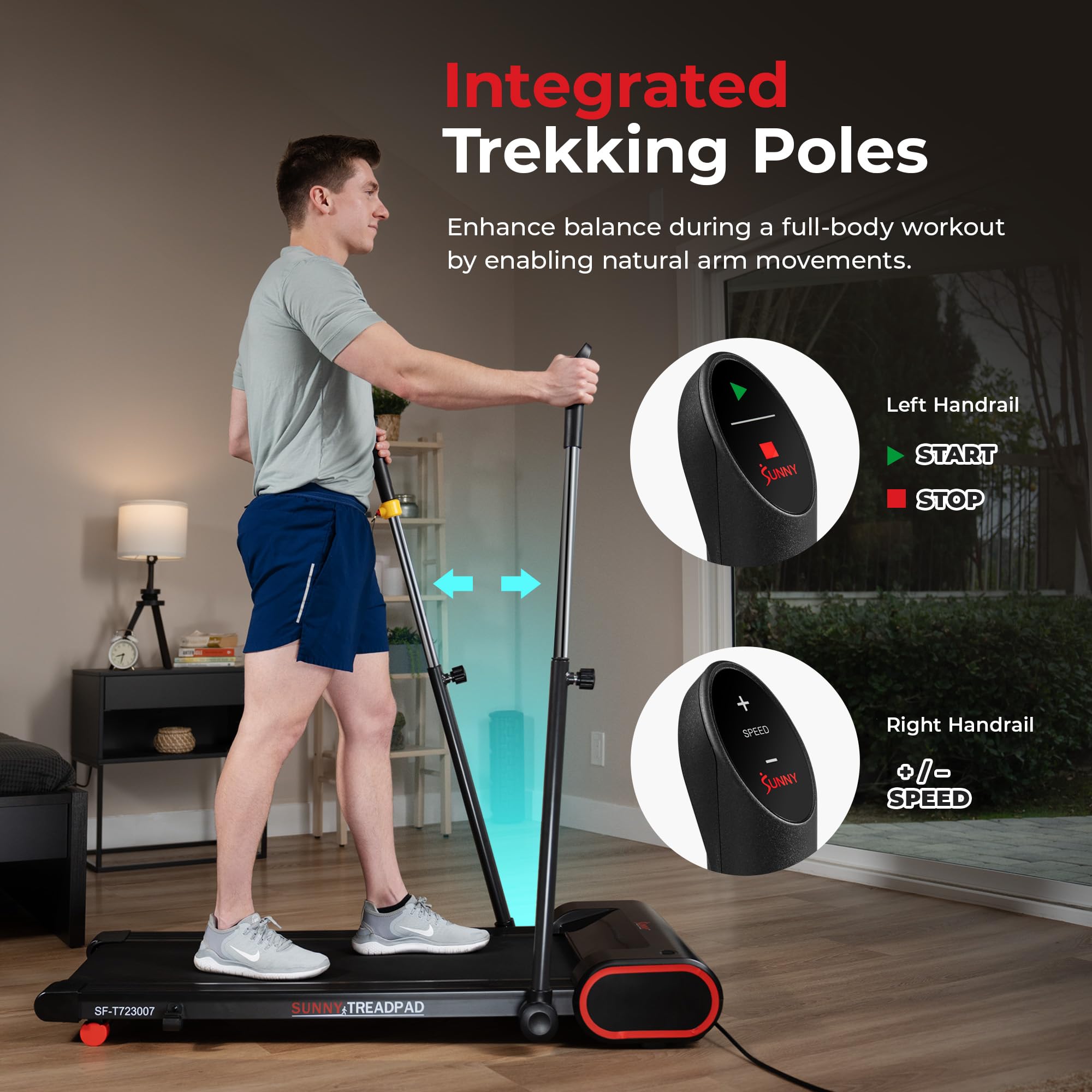Sunny Health & Fitness Smart Slim Treadmill, Under Desk/Office, Walking Pad with Arm Exerciser Trekking Poles, Full Body Workout