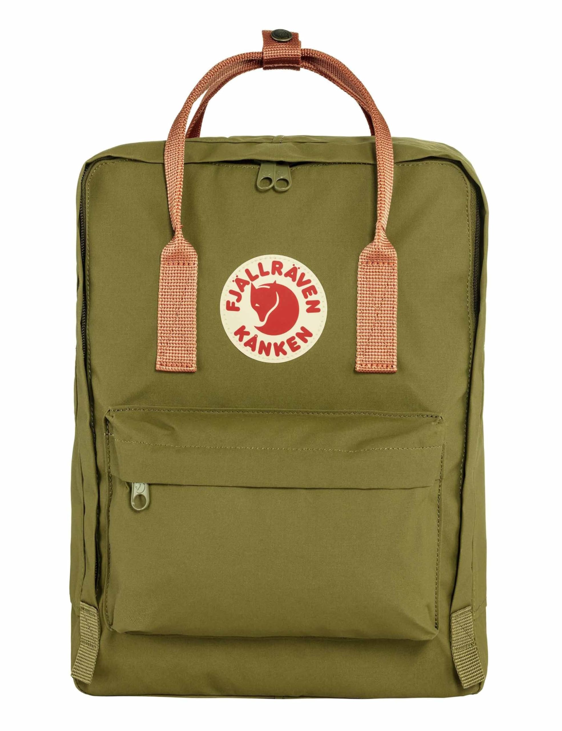 Fjllrven Kanken Backpack - Durable Vinylon Fabric, Water-Resistant, Classic Design - School, Travel, Foliage Green/Peach Sand