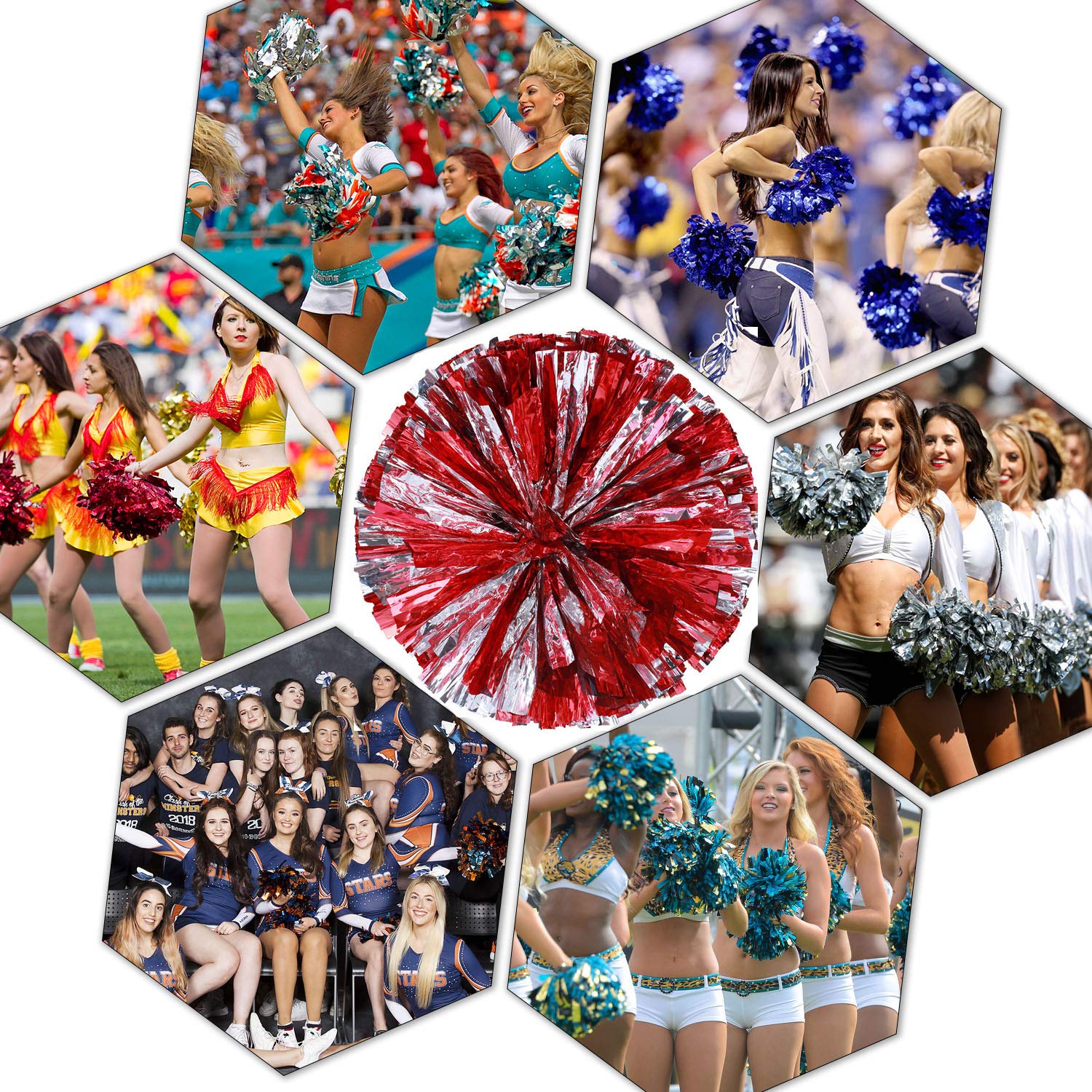 Pack Of 4 Cheerleading Pom Poms Foil Plastic Metallic Cheerleader Pom Poms For Cheer Sport Kids Adults Team Spirit Cheering (Red