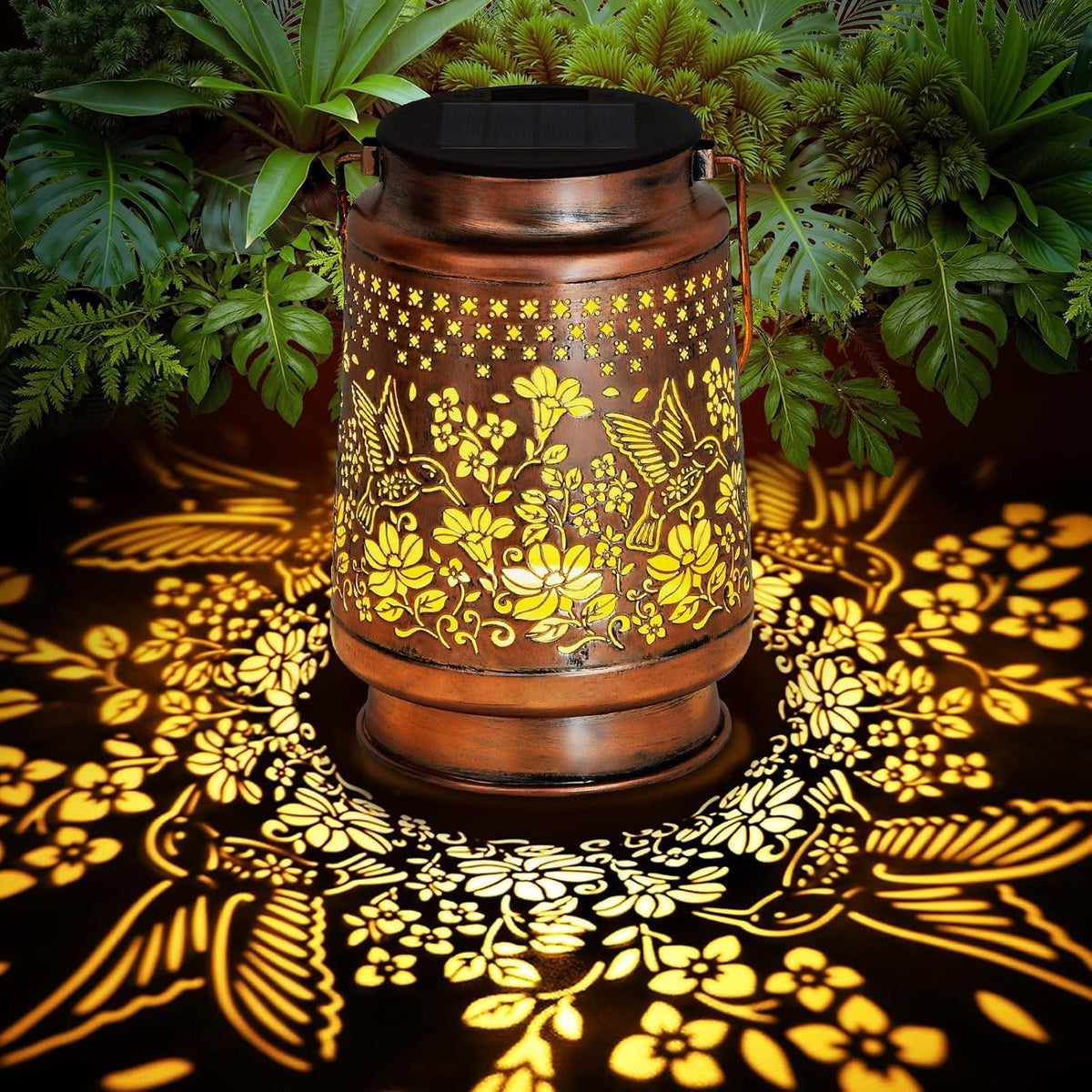 Solar Lantern Outdoor Hanging Light With Hummingbird Floral Cutout Design  Waterproof Metal Led Solar Lamp For Garden, Balcony,