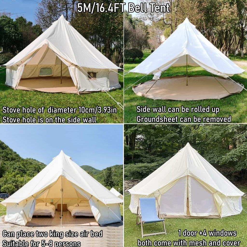Latourreg Outdoor Luxury Waterproof 3M/4M/5M/6M Oxford Bell Tent With Zipped Detachable Groundsheet (White Oxford Cloth, 4M Bell