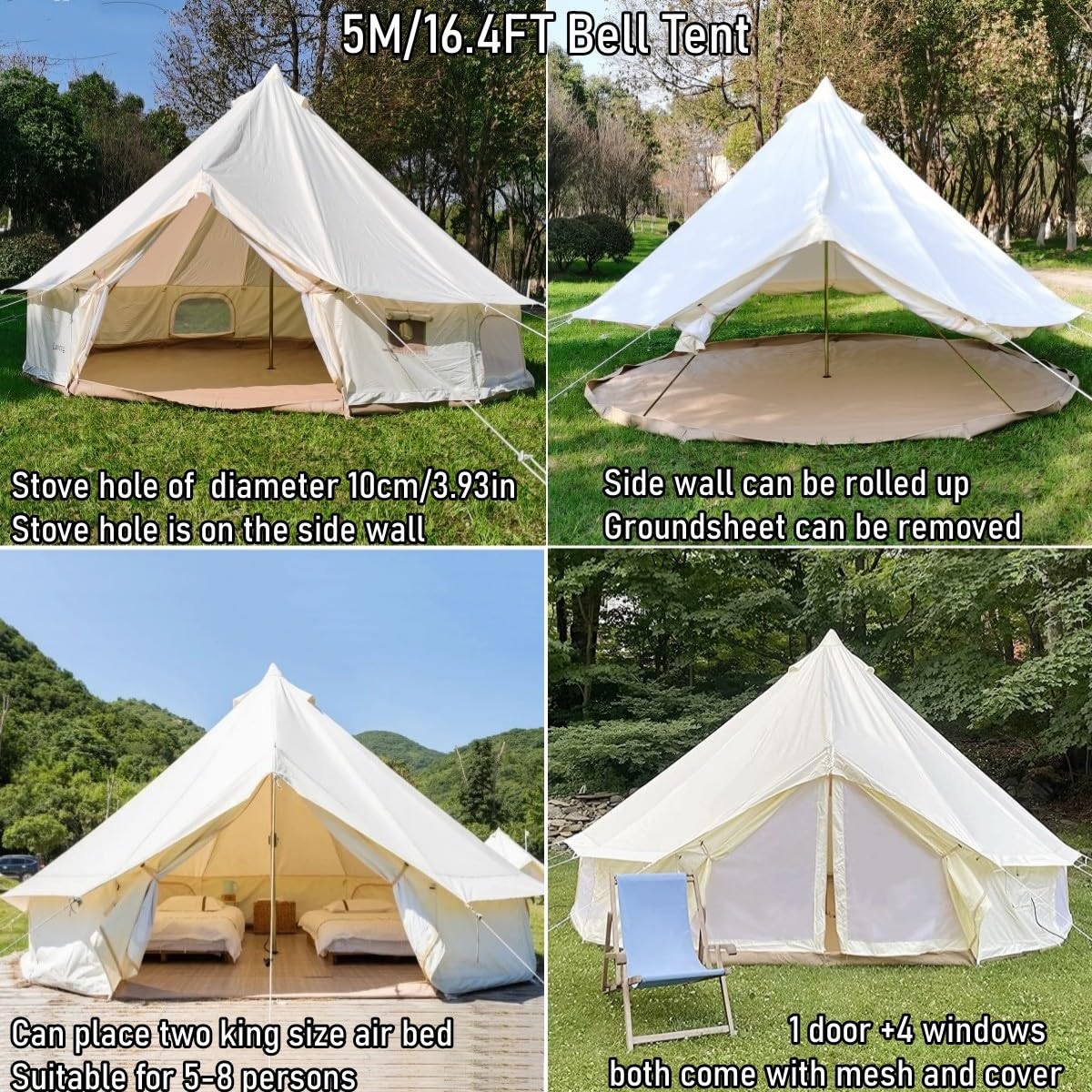 Latourreg Outdoor Luxury Waterproof 3M/4M/5M/6M Oxford Bell Tent With Zipped Detachable Groundsheet (White Oxford Cloth, 4M Bell