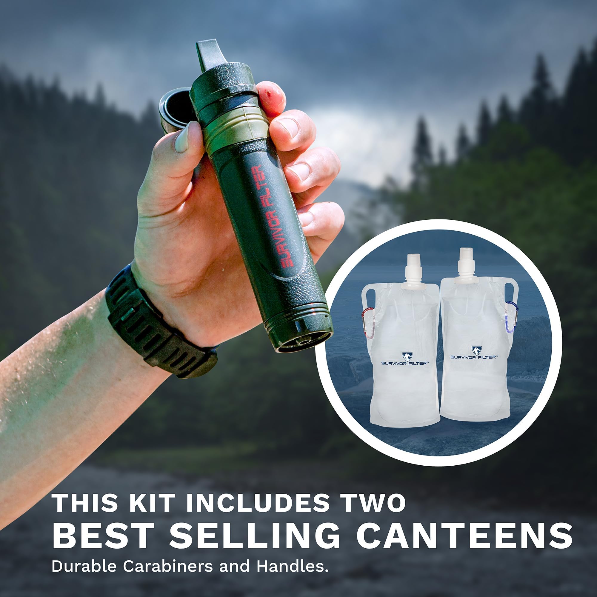 Survivor Filter Squeeze Kit - Water Purifier Survival Straw With Collapsible Water Bottle - Virus Tested Survival Straw With 3 S
