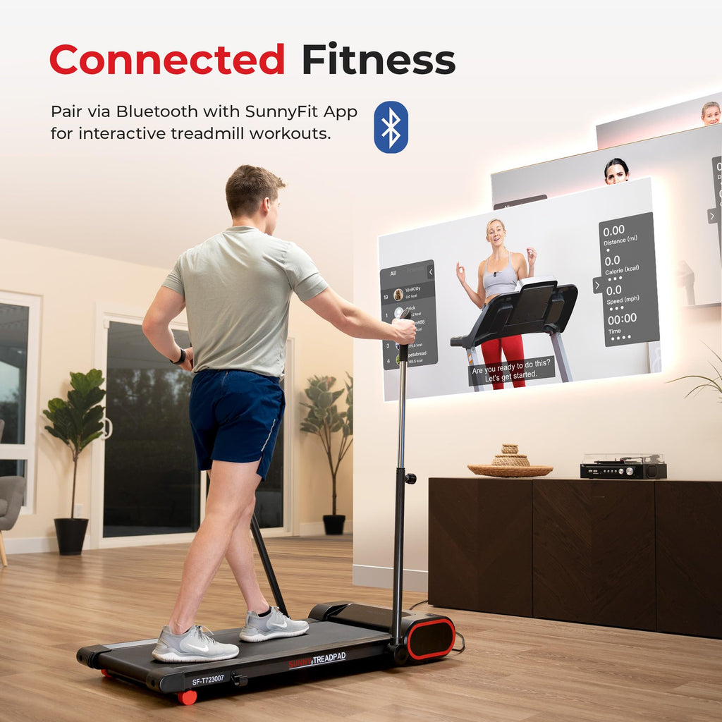 Sunny Health & Fitness Smart Slim Treadmill, Under Desk/Office, Walking Pad with Arm Exerciser Trekking Poles, Full Body Workout