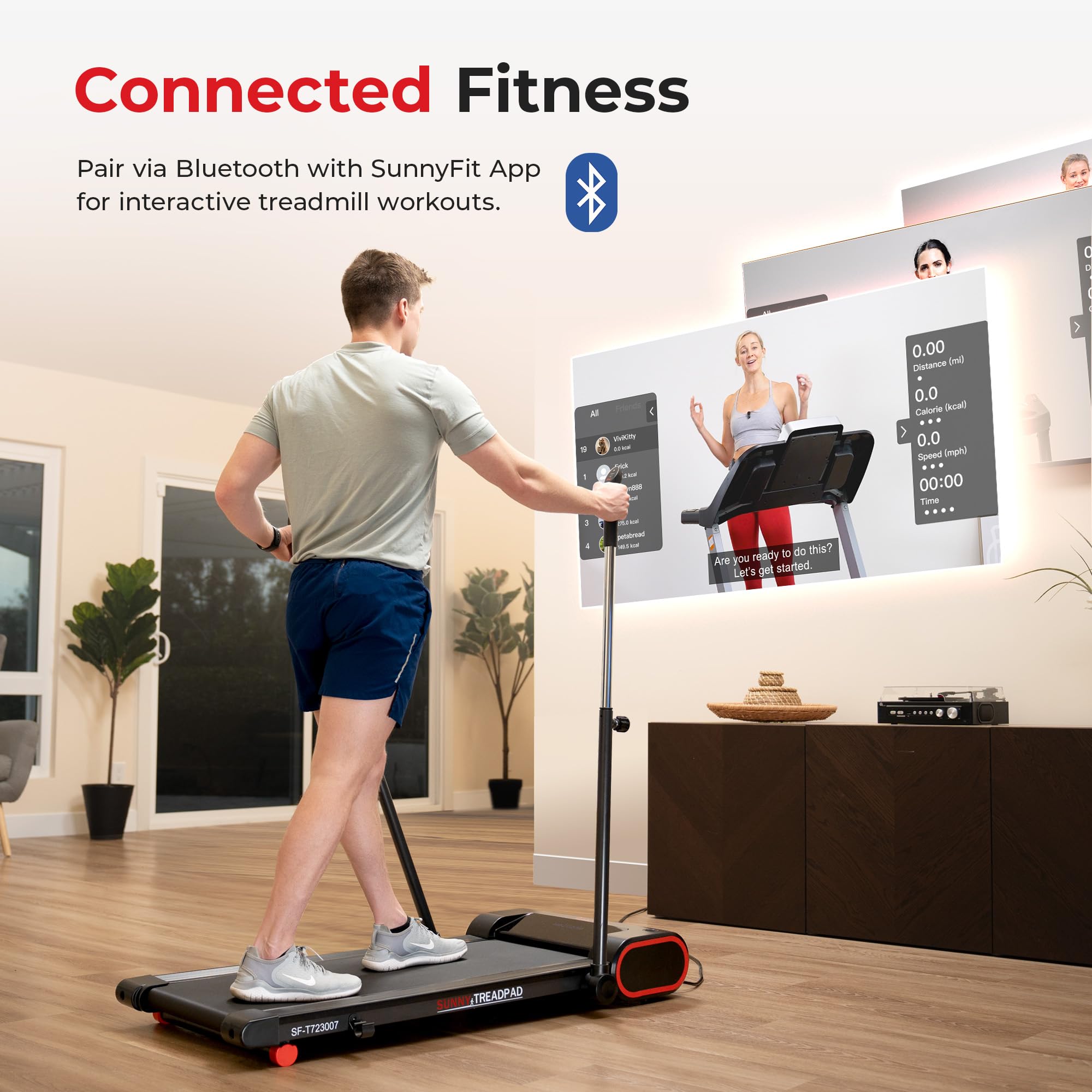 Sunny Health & Fitness Smart Slim Treadmill, Under Desk/Office, Walking Pad with Arm Exerciser Trekking Poles, Full Body Workout