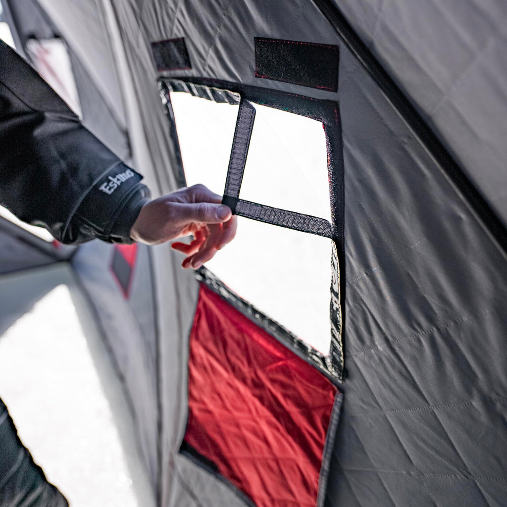 Eskimo QuickFish 6HD, Pop-Up Portable Shelter, No-Trip Door, Red/Black, Fully Insulated, Deluxe Ice Anchors, Six Person, Ice Fis