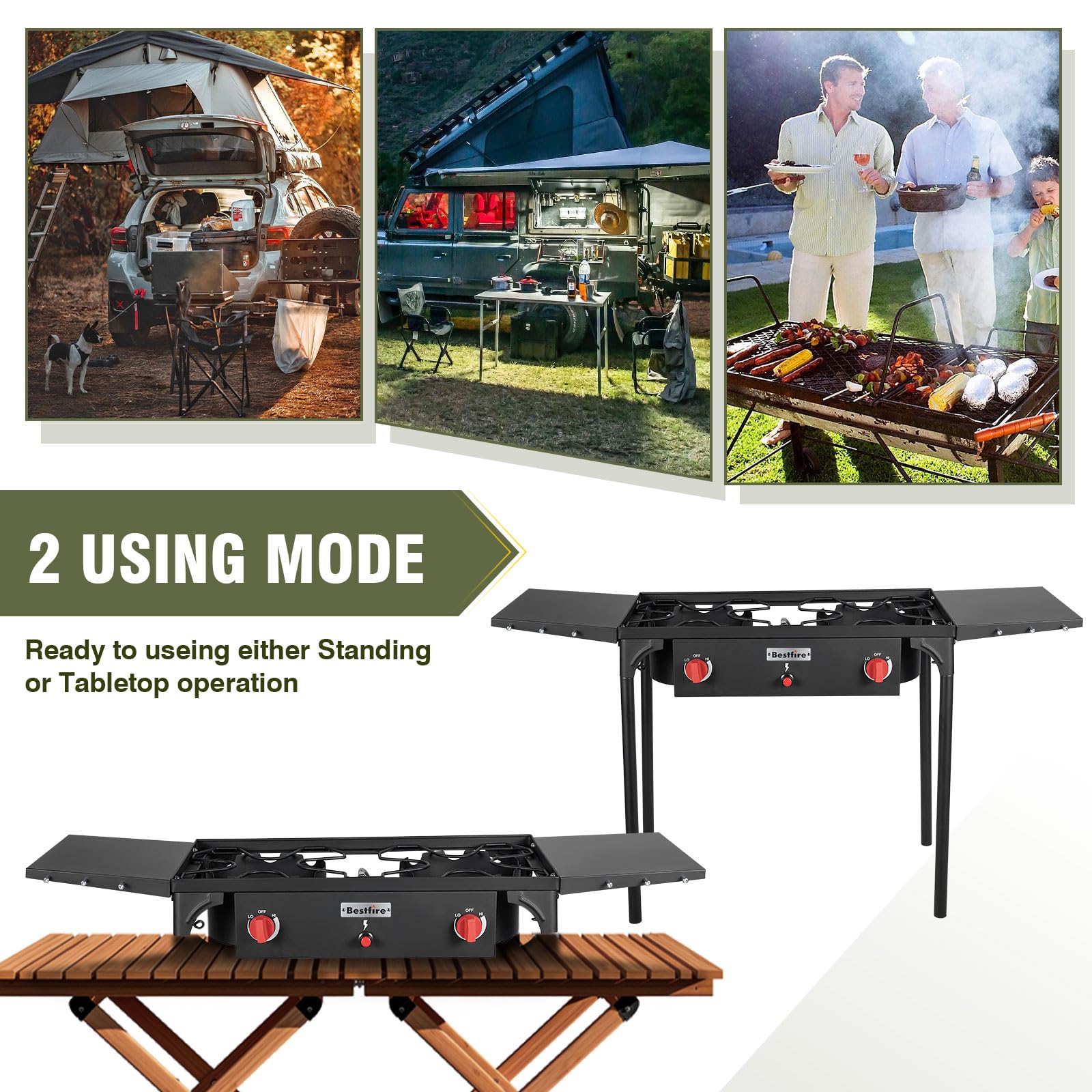 Bestfire 2 Burner Camping Stove With Auto Ignition Button,Side Shelves & Regulator150,000 Btu Gas Stove Propane Burner With Remo