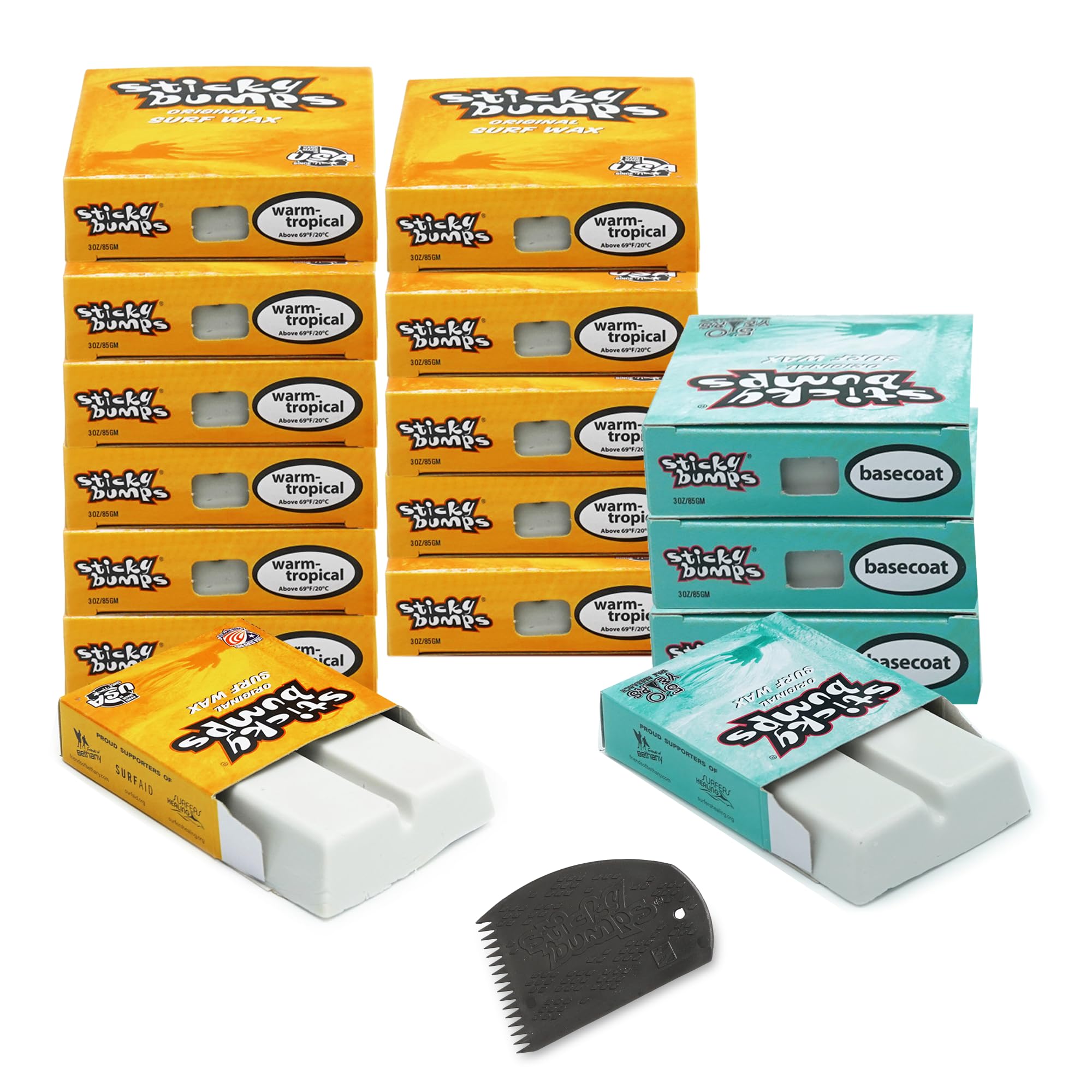 Sticky Bumps Original Surf Wax Bundle | 85g - 12 Pack Warm/Tropical (69F/20C) + 4 Pack Basecoat (All Temp) + Surf Wax Comb | Lon