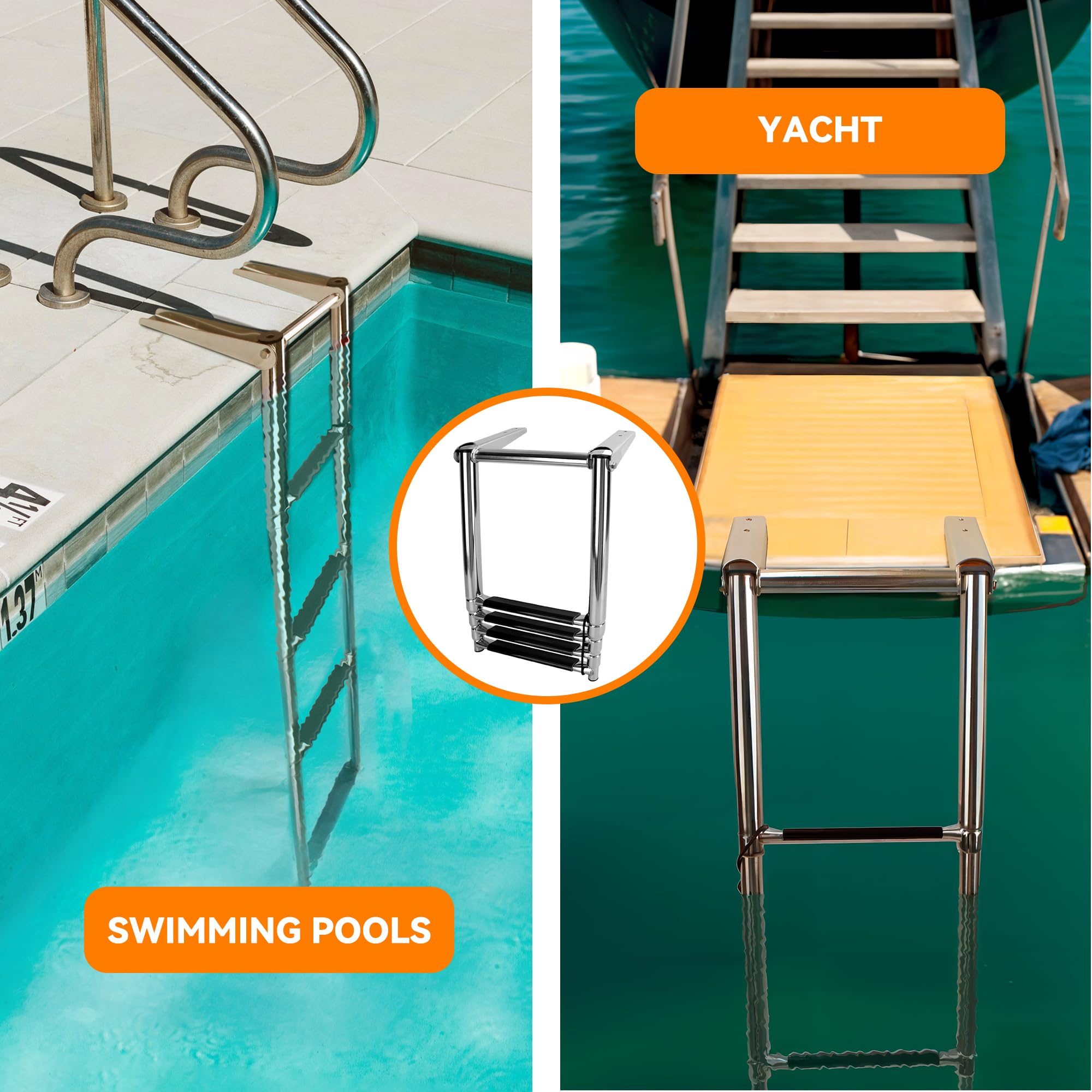 Boat Ladder 4 Step,Stainless Steel Telescoping Heavy Duty Pontoon Swim Boarding Ladder For Outboards,Yacht,Marine Fishing Boat
