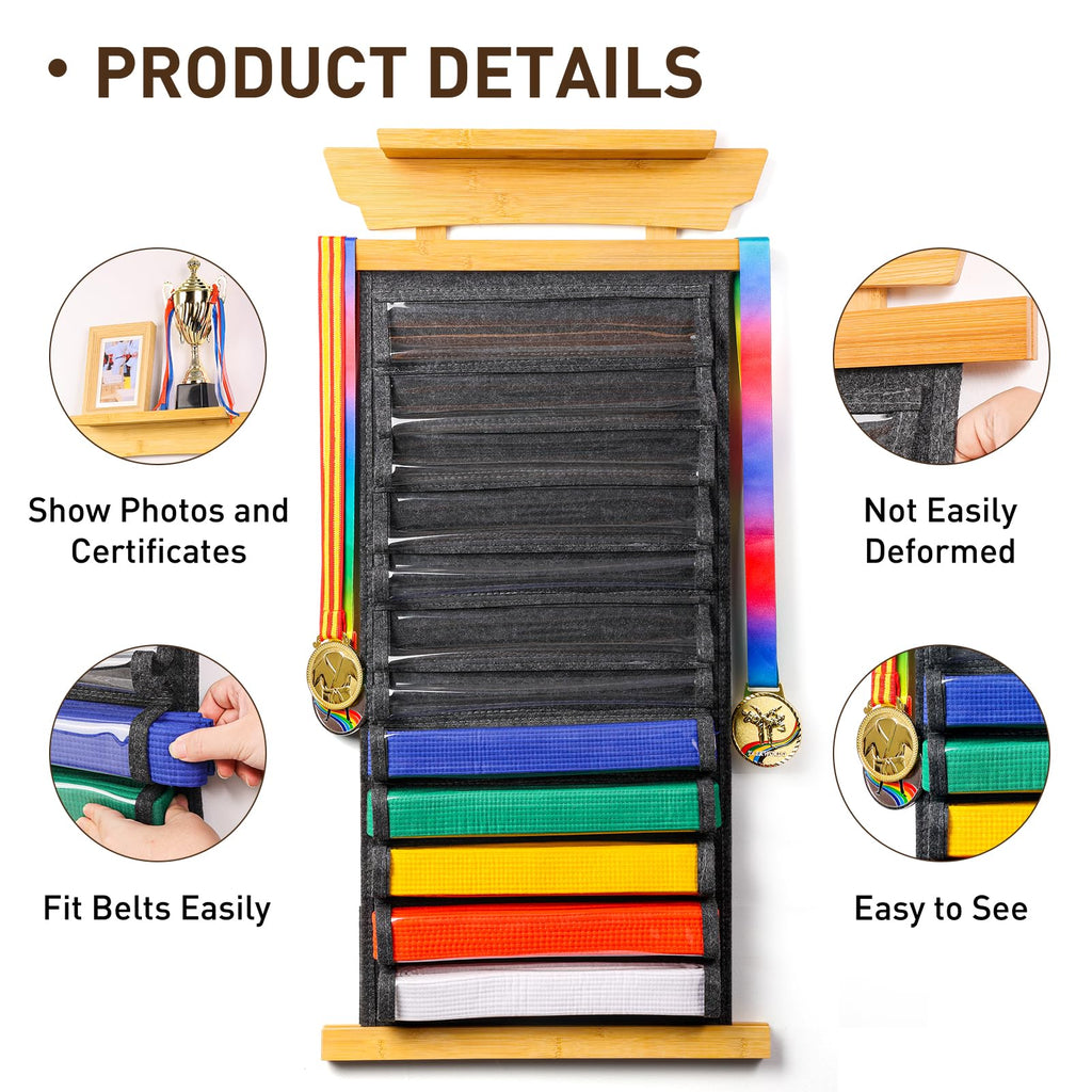 Tilhumt 12 Belts Karate Belt Display Rack With Photo Shelf, Felt Taekwondo Belt Display Holder Martial Arts Belt Display For Kid