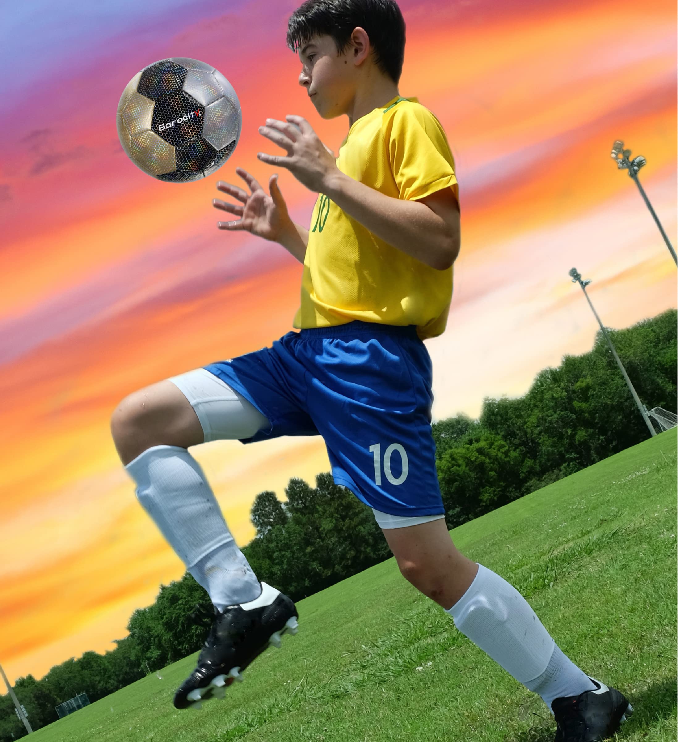 Barocity Mix Silver, Black, & Gold Size 5 Soccer Ball - Boy And Girl Official Match Ball With Reflective Rainbow Hex Pattern, Fo