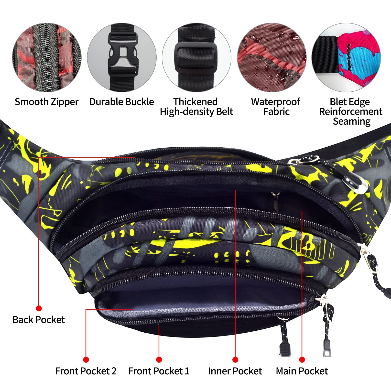 Nsyoomh Fanny Packs For Women & Men, 5-Zipper Pockets Waist Bag, Belt Bag For Running Cycling Travel Walking Hiking Fishing Camp