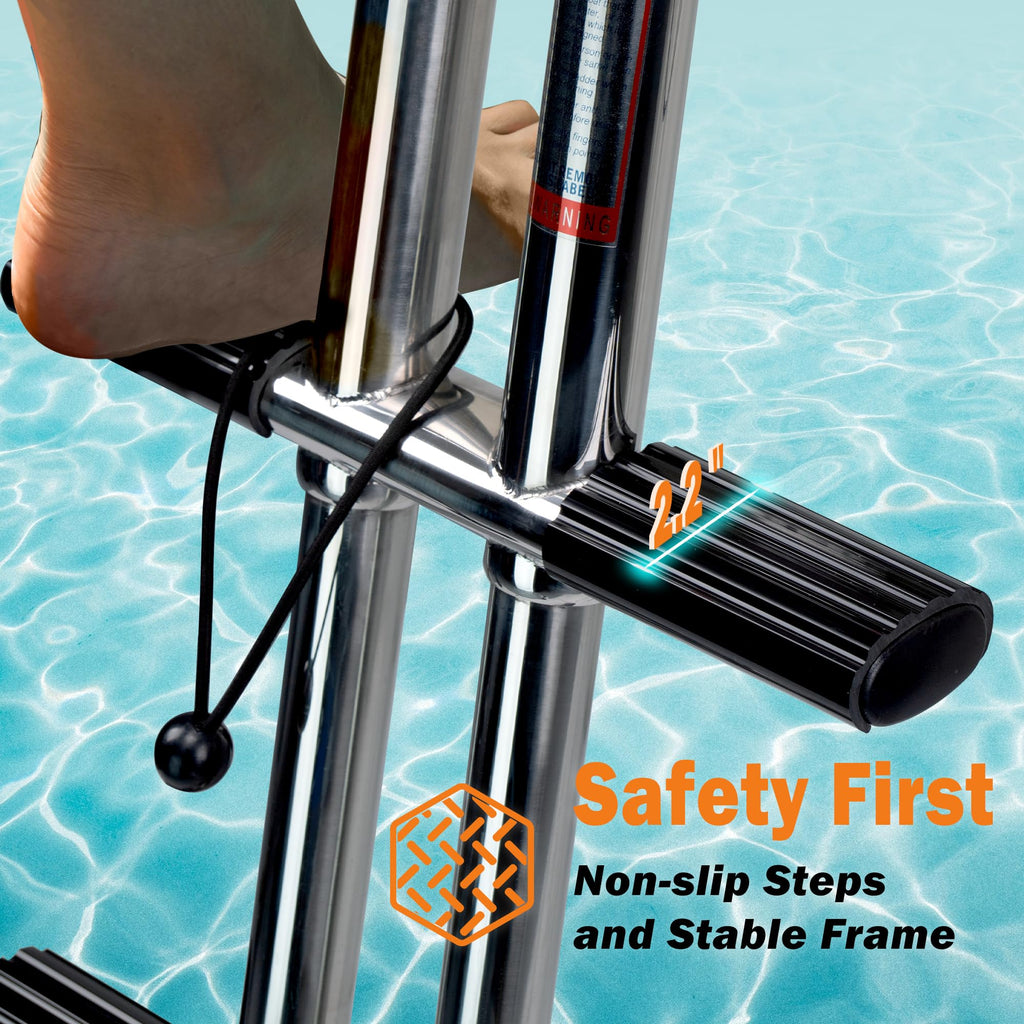Xinkunmarine 3 Step Boat Ladder, Stainless Steel Dive Boarding Ladders For Bass Fishing Boats, Heavy-Duty With Non-Slip Treads