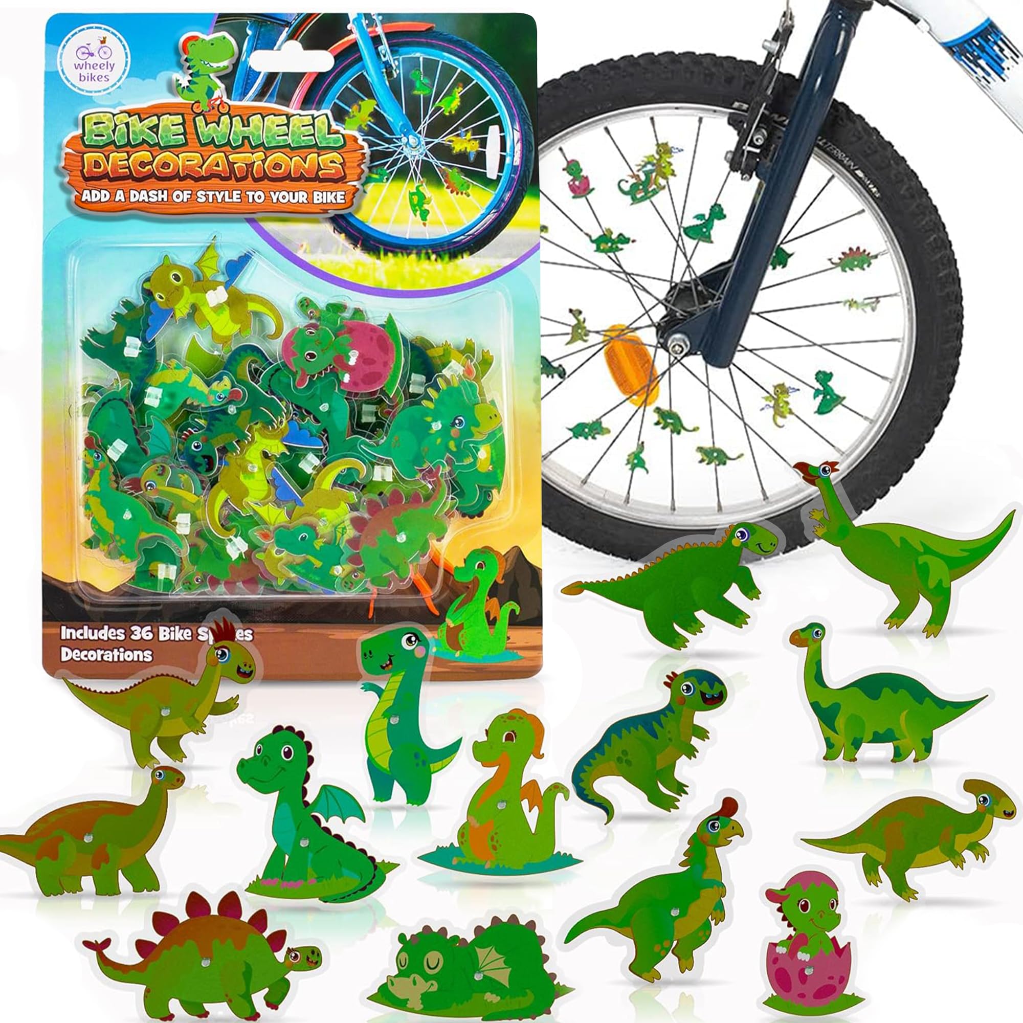 Bike Wheel Dinosaurs Spokes - 36 Kit - Cute Biking Accessories For Kids - Bicycle Spokes Decorations - Cool Cycling Gear Gift Fo