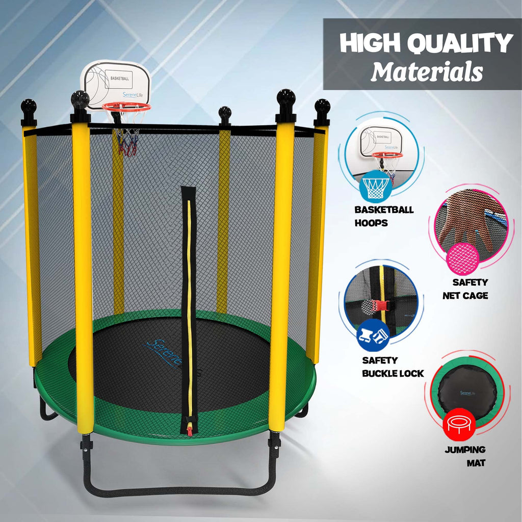 SereneLife 5FT Outdoor & Indoor Trampoline for Kids - Durable Mini Toddler Trampoline with Net Enclosure & Basketball Hoop - Sup