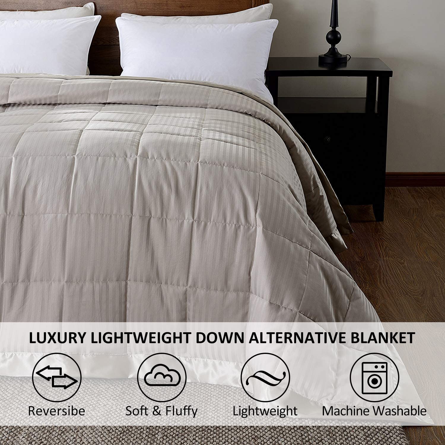 Downluxe King Size Blanket, Lightweight Down Alternative Blanket With Satin Trim (90 X 108 Inch, Sand)