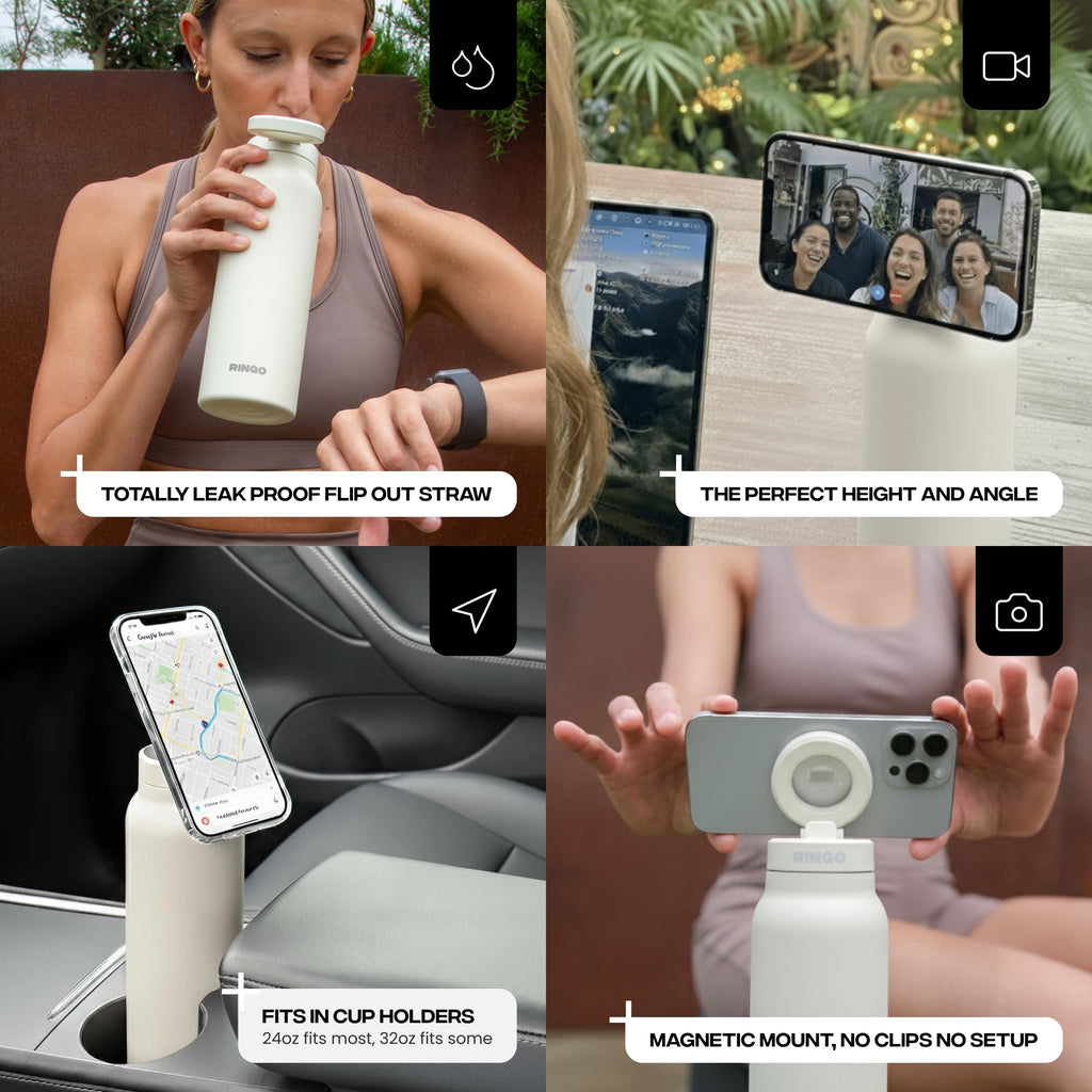 Ringo PRO Water Bottle with Magnetic Phone Mount & Sip Straw Lid - Insulated Stainless Steel Bottle for Workouts, Content Creati