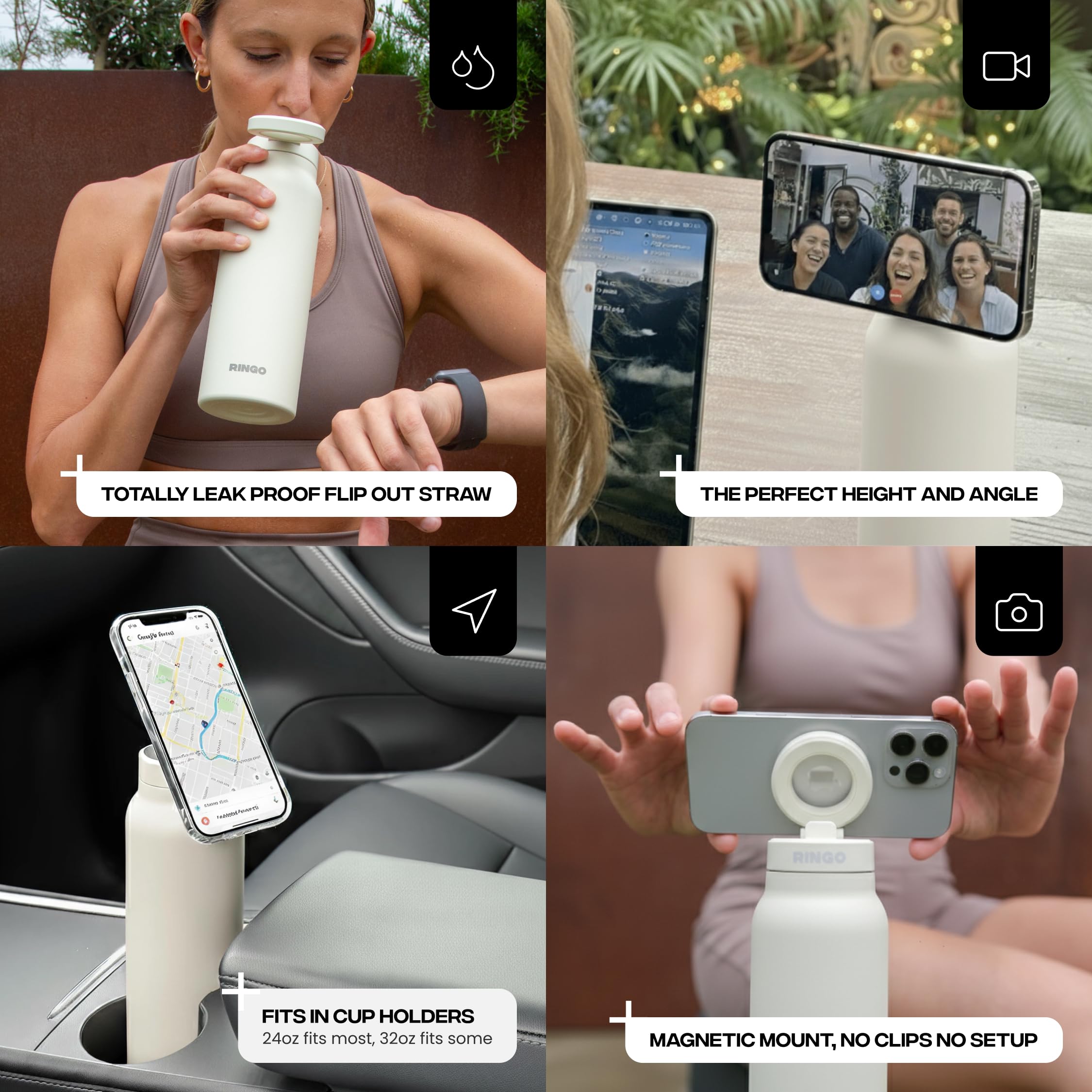Ringo PRO Water Bottle with Magnetic Phone Mount & Sip Straw Lid - Insulated Stainless Steel Bottle for Workouts, Content Creati