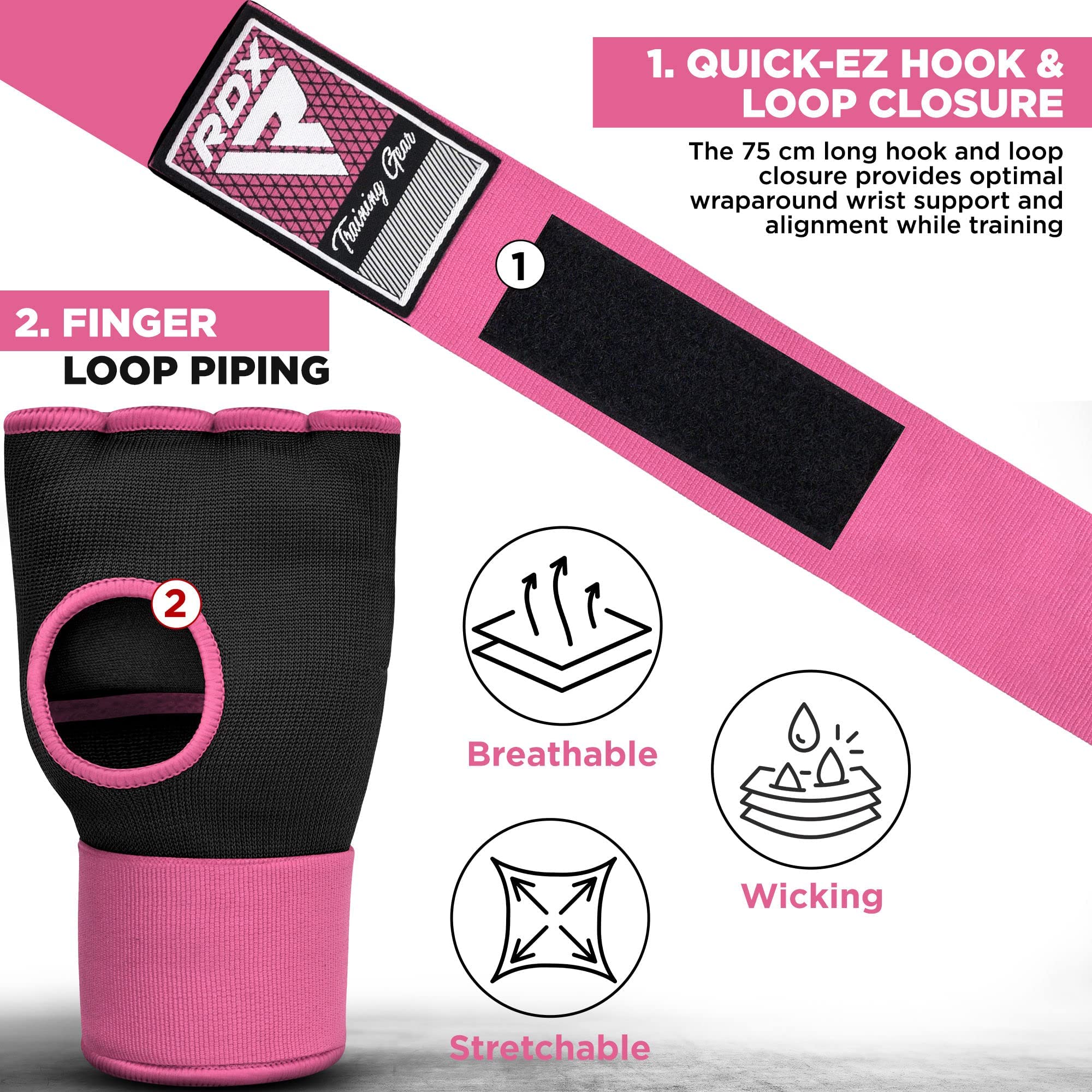 Rdx Gel Boxing Hand Wraps Inner Gloves Men Women, Quick 75Cm Long Wrist Straps, Elasticated Padded Fist Under Mitts Protection,