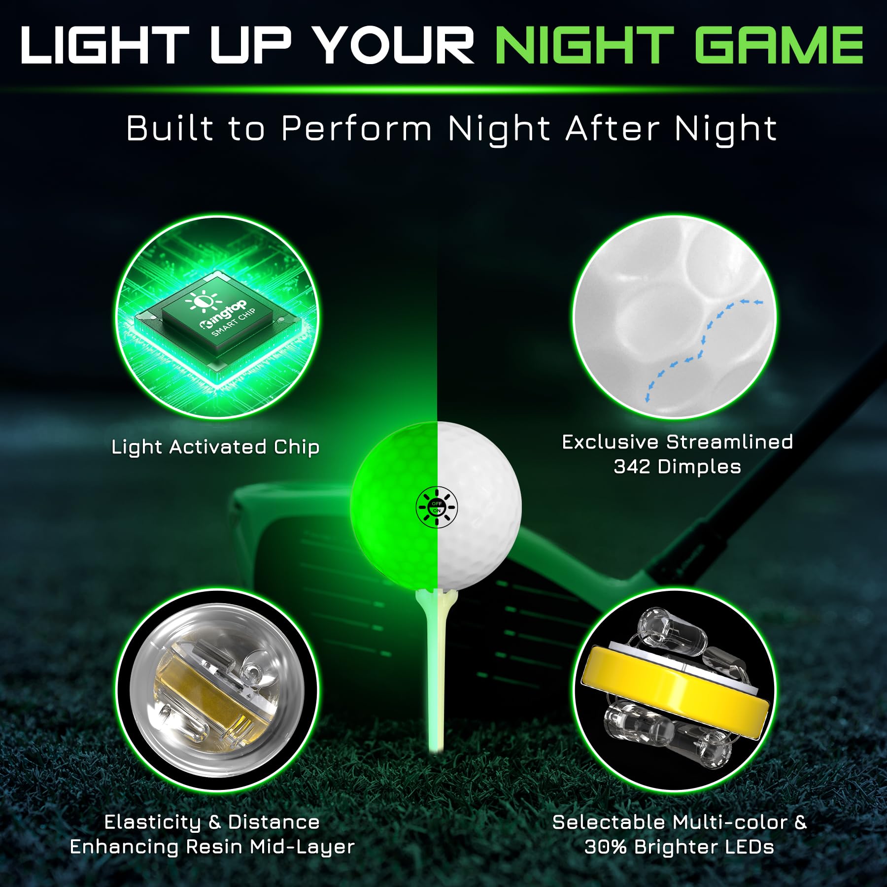 Kingtop Everglow Glow In The Dark Golf Ball - Light Activated 7-Color Led Golf Balls, Light Up Ball With Fluorescent Tees And St