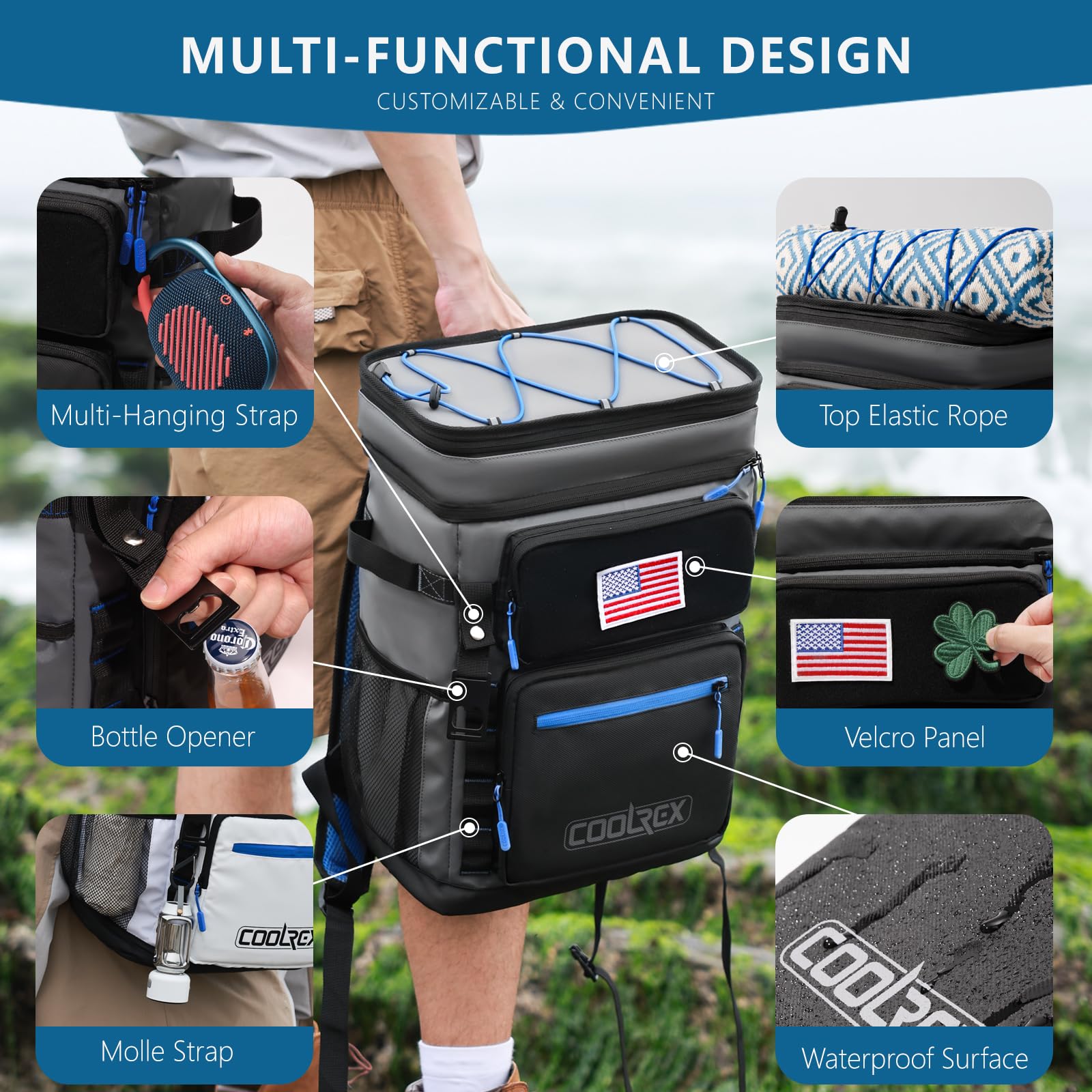 Coolrex Large Backpack Cooler 36 Can Cooler Backpack With 2 Insulated Compartments Leak Proof Waterproof Travel Backpack, Campin