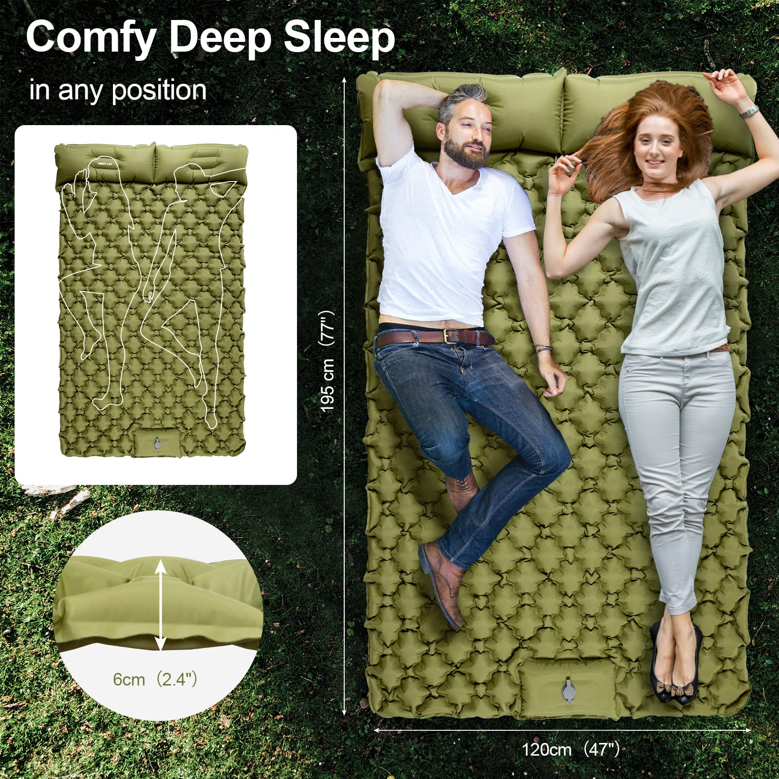 Night Cat Inflatable Double Sleeping Pad Mat Bed With Foot Pump And Double Pillow For Camping Backpacking Hiking Ultra-Light Com