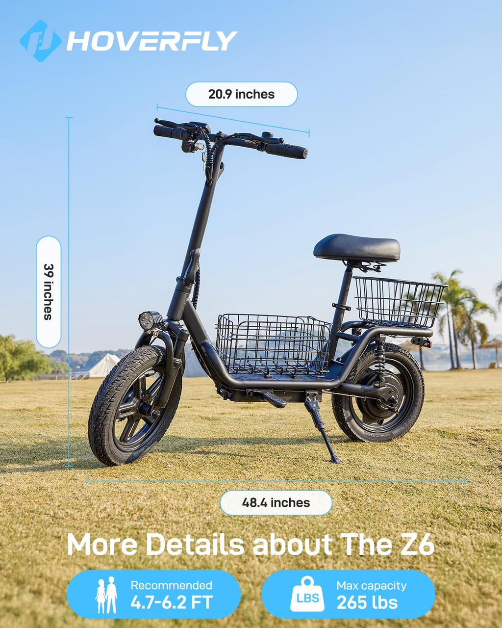 Hoverfly Z6 14 Electric Scooter with Seat, 550W Peak Motor, 25-Miles Range, Speed up to 22MPH, Ample Storage for Pets & Cargo, F