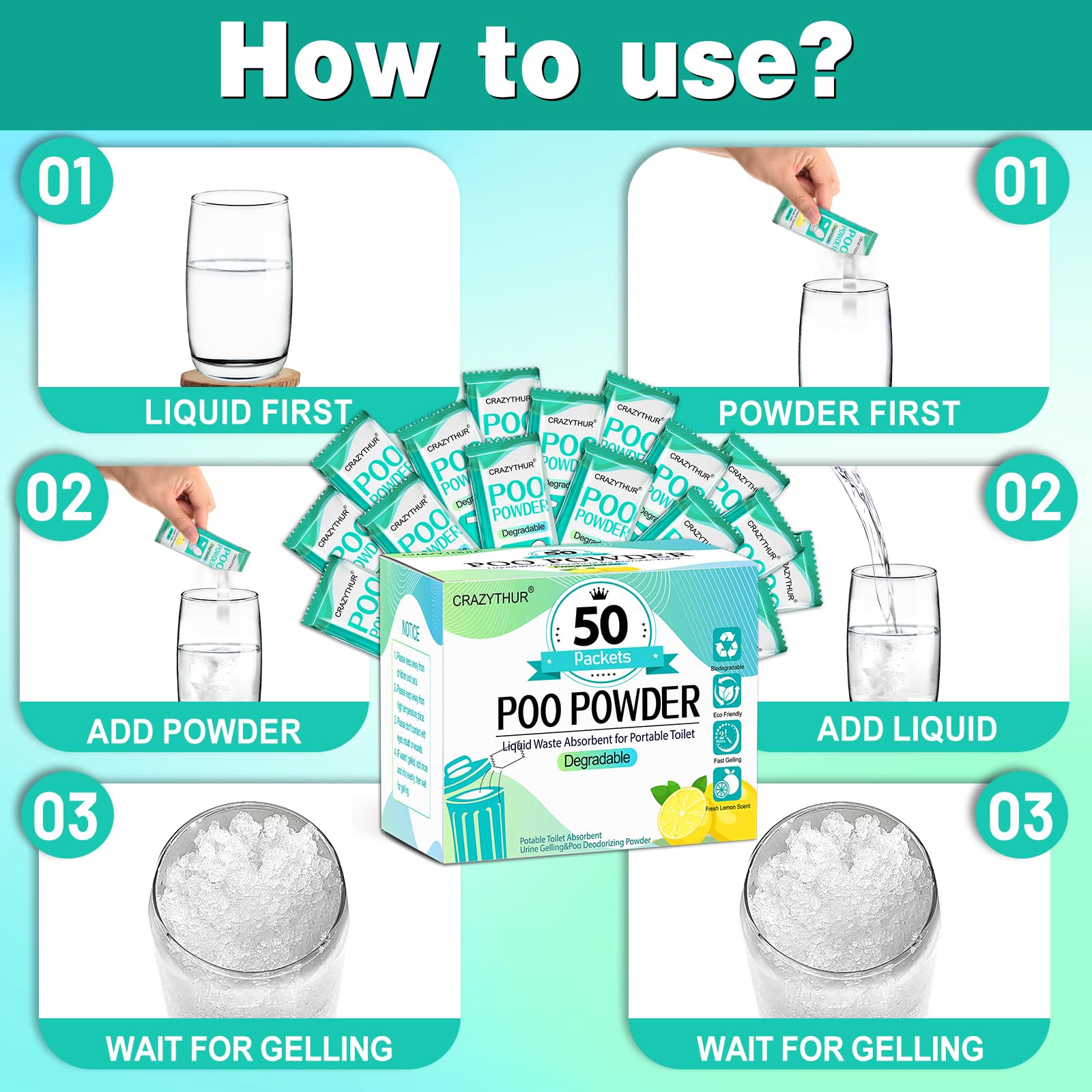 Crazythur Portable Toilet Gel, 50 Packets Camp Toilet Portable Gel, Poo Powder With Lemon Scent, Eco Gel For Portable Toilet Pow