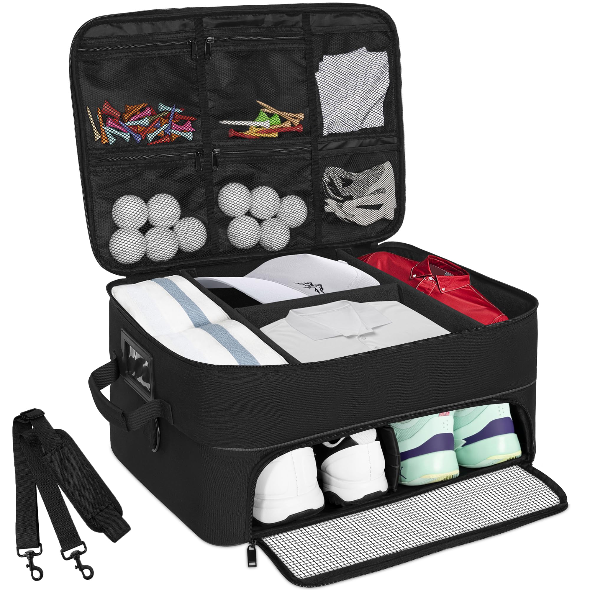 Weliday 2 Layer Golf Trunk Organizer, Golf Car Locker With Separate Ventilated Compartment For 2 Pair Shoes, Golf Trunk Storage 