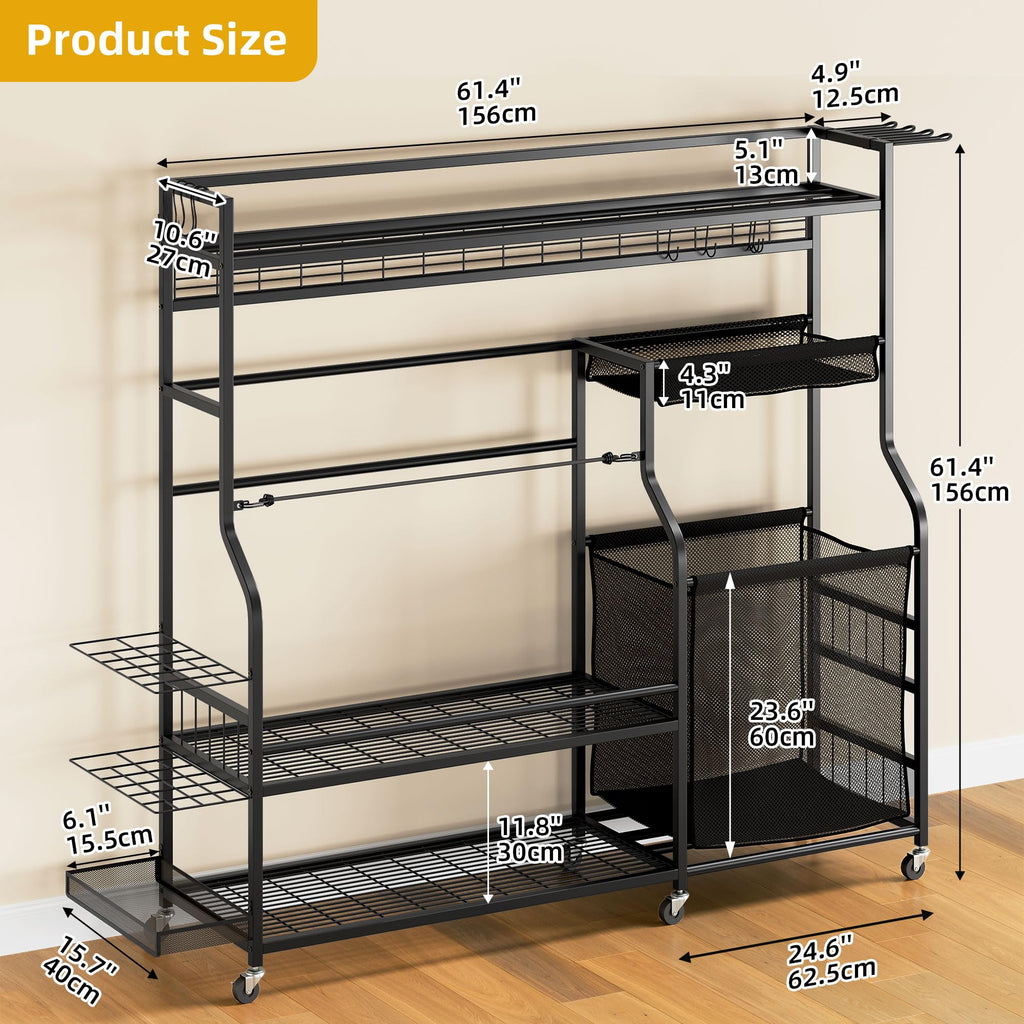 DWVO Sports Equipment Organizer, 3 Golf Bags Storage Stand with Wheels, Sport Gear Accessories Rack and Ball Organizer Bin for G