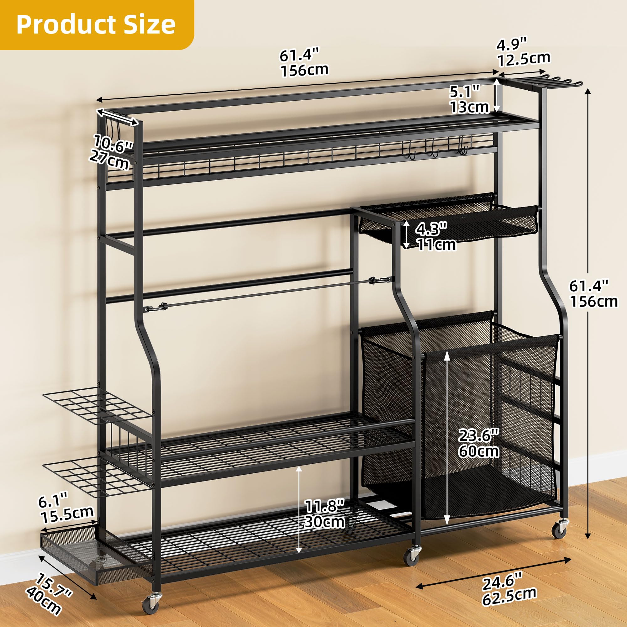 DWVO Sports Equipment Organizer, 3 Golf Bags Storage Stand with Wheels, Sport Gear Accessories Rack and Ball Organizer Bin for G