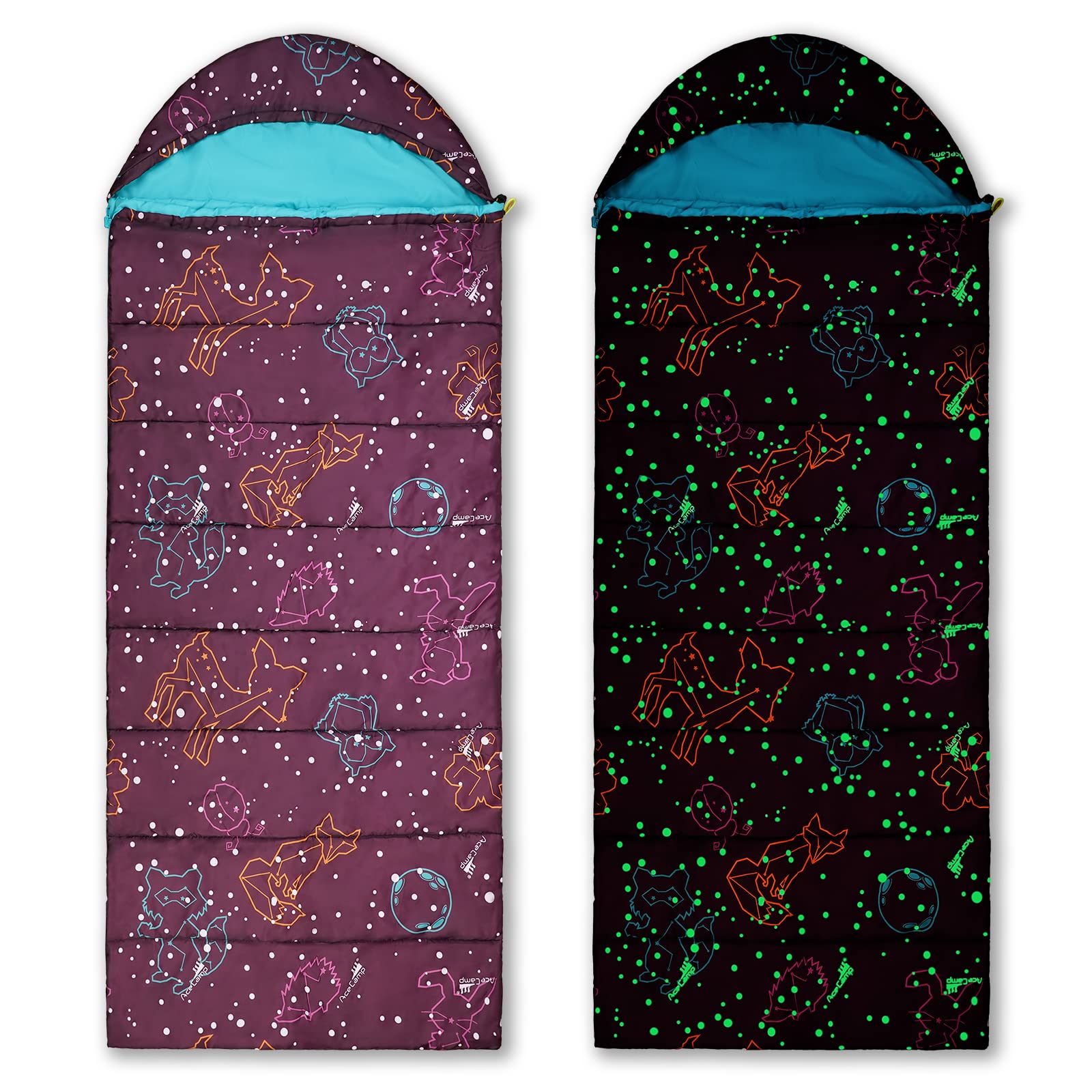Acecamp 3 Seaons Sleeping Bags For Youth Boys And Girls, Lightweight Glowing In The Dark, Perfect For Slumber Parties, Camping A