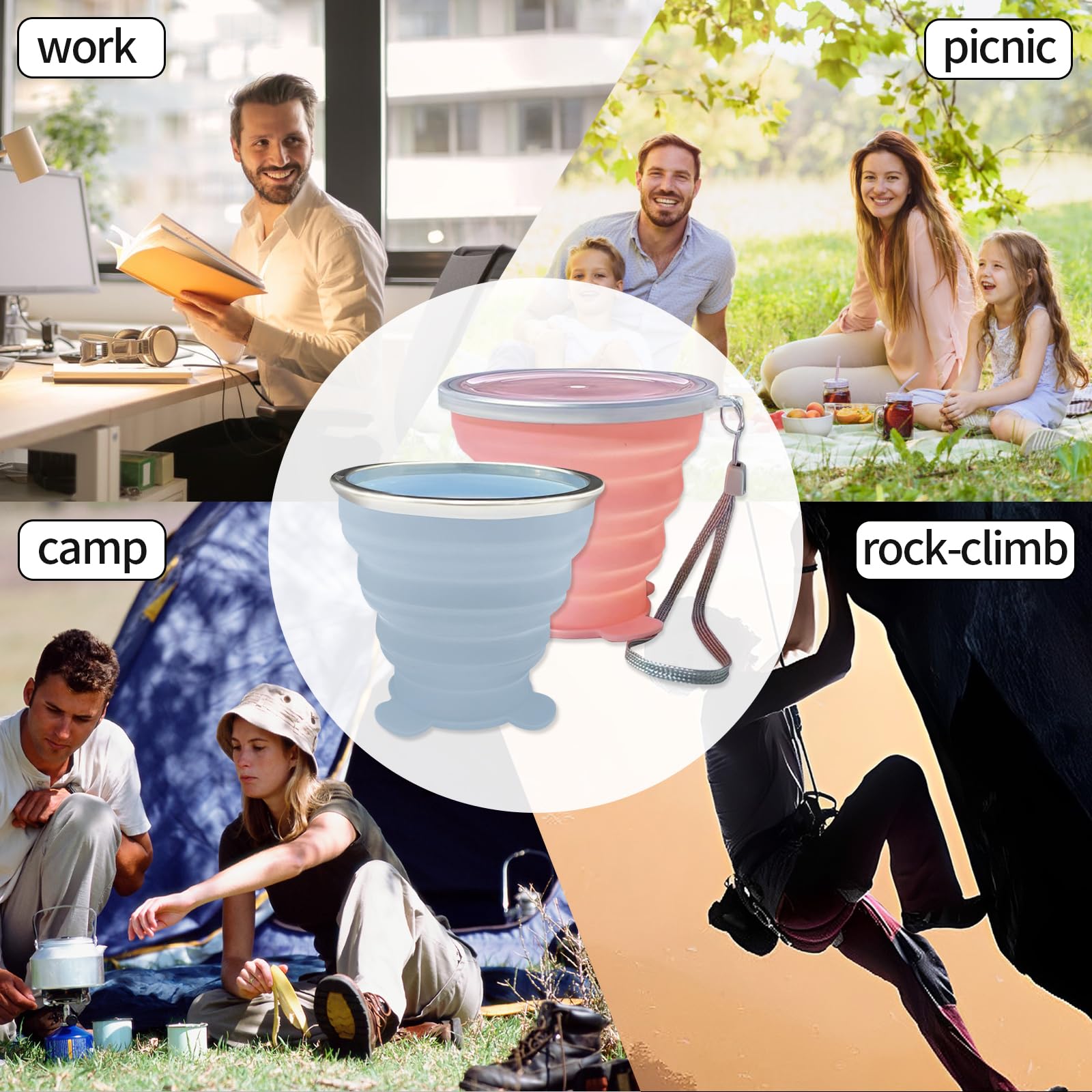 Collapsible Cup, Silicone Collapsible Travel-Cup, Expandable Folding Camping Drinking Cups With Lids Reusable Small Portable Mug