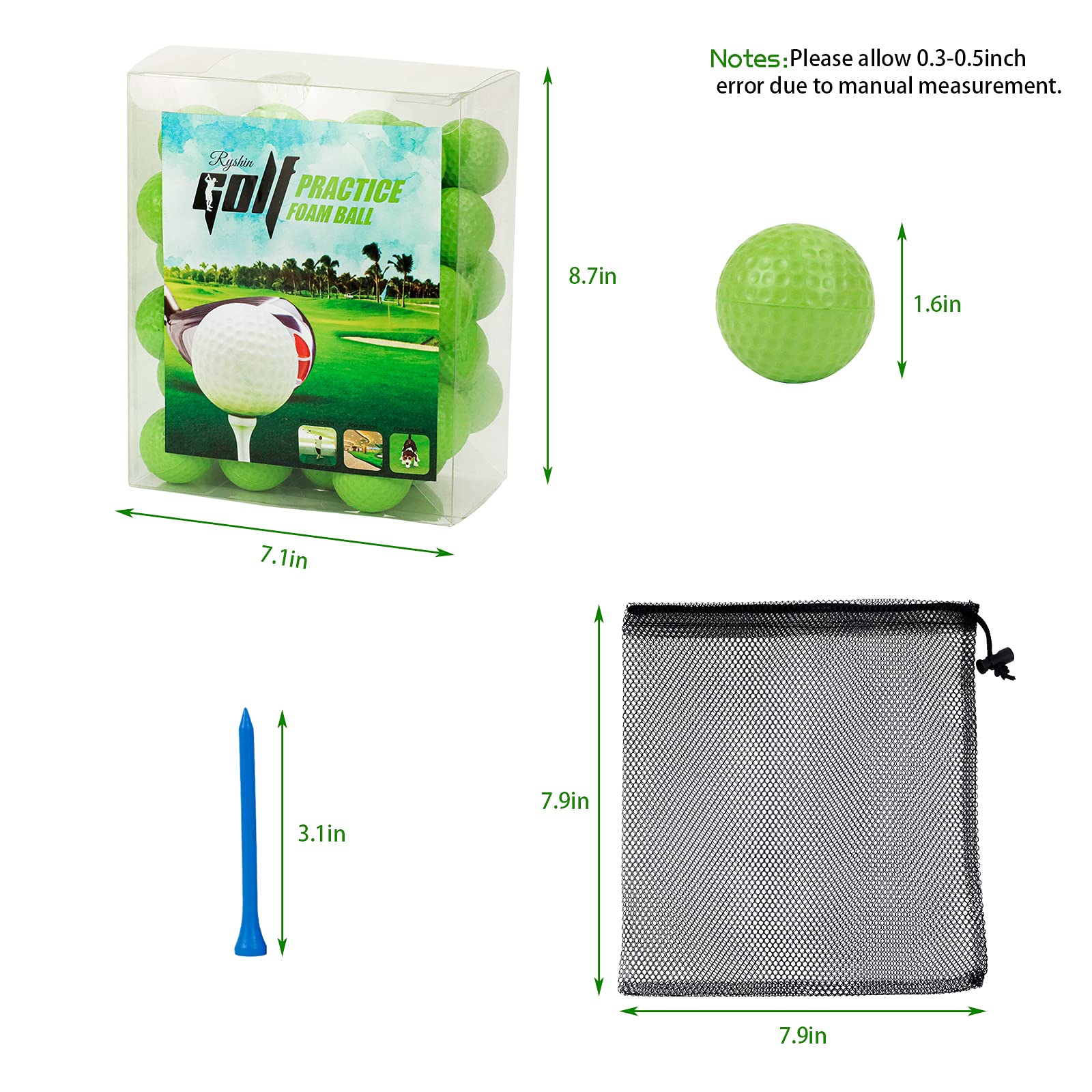 Reyshin 50 Packs Foam Golf Practice Balls - Realistic Feel And Long Lasting Limited Flight - Soft For Indoor Or Outdoor Training
