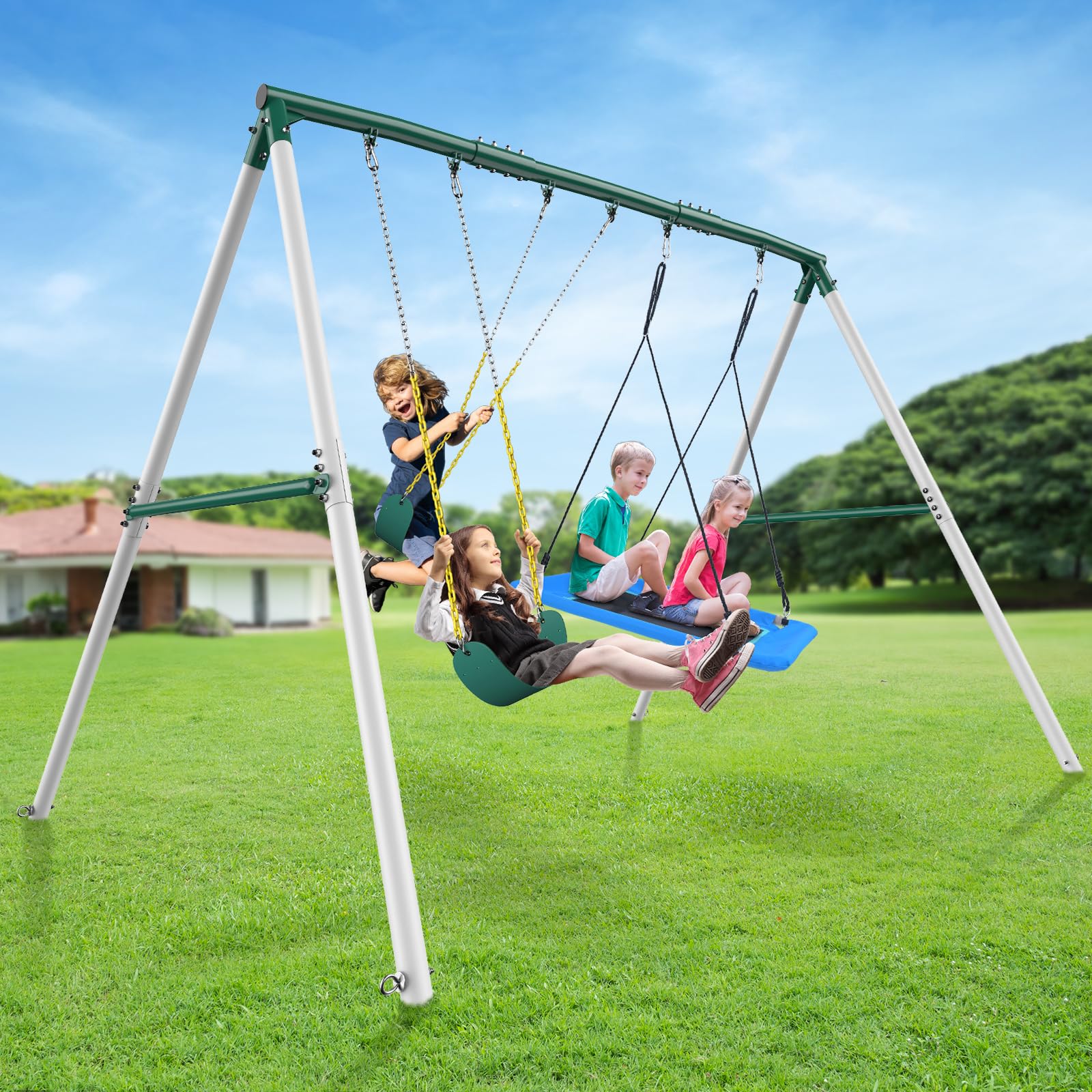 Hapfan 7.3ft Tall Heavy Duty Swing Set, 3 Swings Metal Swing Sets for Backyard, Big Kids Playset for Playground Outdoor