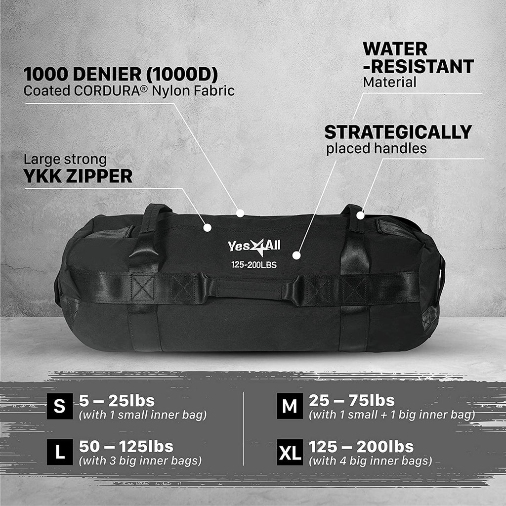 Yes4All Workout Sandbags, Heavy Duty Sandbags For Fitness, Conditioning, Mma & Combat Sports - Black - Xl