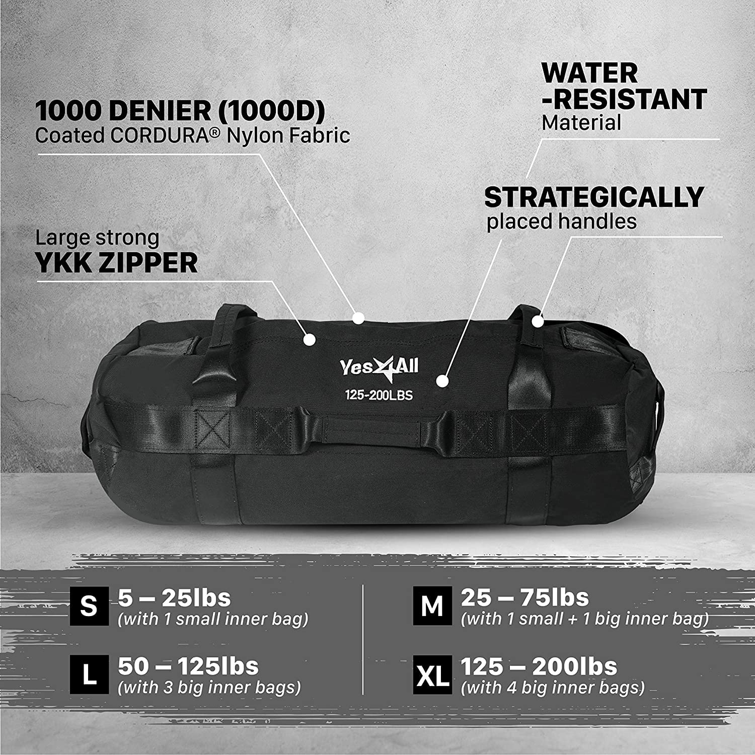Yes4All Workout Sandbags, Heavy Duty Sandbags For Fitness, Conditioning, Mma & Combat Sports - Black - Xl